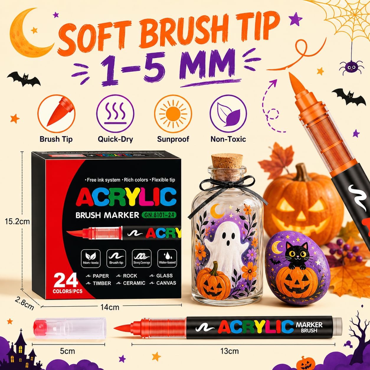 24 Colors Soft Brush Tip Acrylic Markers Set, Paint Pens for Rock, Wood, Fabric, Canvas, Glass, DIY Crafts, Waterproof Paint Markers, Vibrant Acrylic Pens for Artists and Art Projects image 5