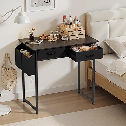 Miniatura 6 de OLIXIS Escritorio Pequeño con Cajones de Tela para Oficina en Casa, Escritorio de Computadora para Juegos de 32 Pulgadas con Bolsa Lateral, Gancho