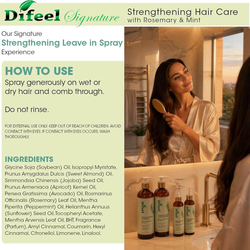 Difeel Signature Rosemary & Mint Leave‑In Conditioning Spray 8 oz. -Premium Strengthening Treatment, Scalp Stimulating, Reduces Breakage, Lightweight Formula for Dry, Damaged, Thinning or Normal Hair