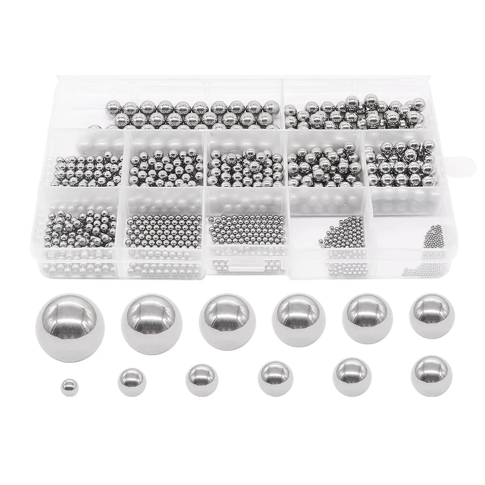 Assortiment de billes de roulement en acier, Lot de 600 billes de précision en acier inoxydable de 12 tailles, 1 à 8 mm, assortiment de billes de roulement de vélo métriques, boules de mélange