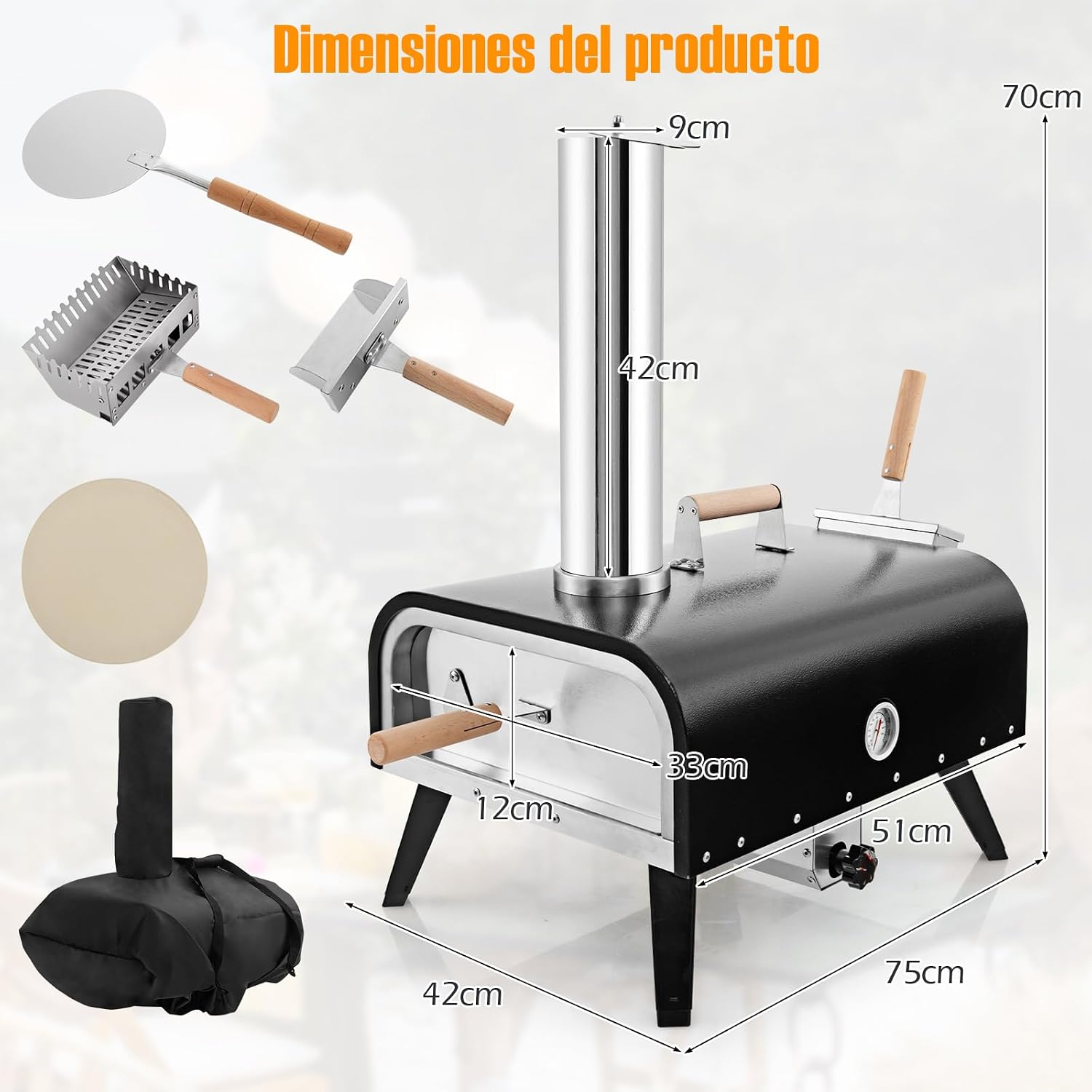 COSTWAY Horno Pizza, Horno Pizza Lea y Carbn, Piedra para Pizza de 30 cm, Inoxidable de 3 Capas con Termmetro, Pala para Pizza y Bolsa de Transporte