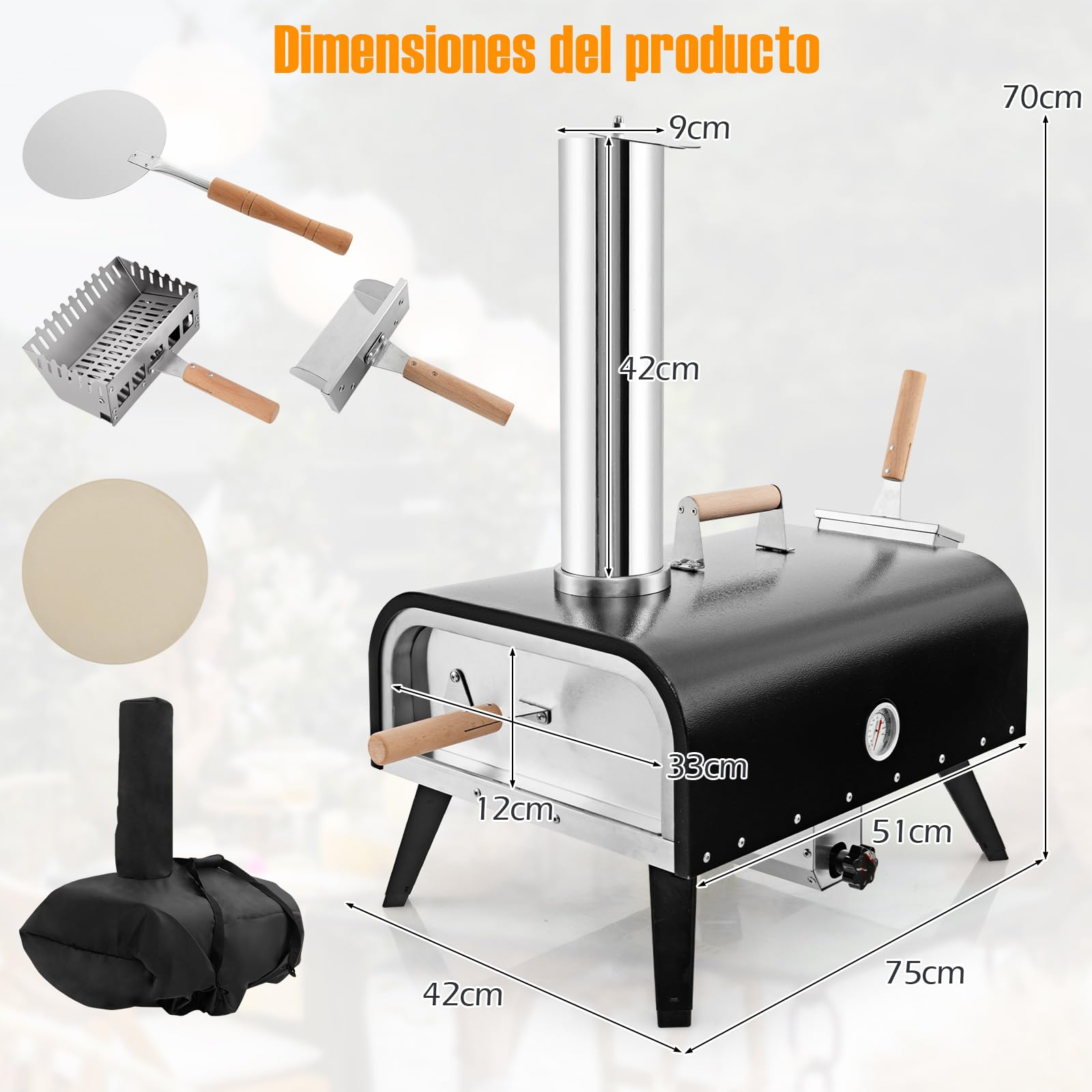 COSTWAY Horno Pizza, Horno Pizza Leña y Carbón, Piedra para Pizza de 30 cm, Inoxidable de 3 Capas con Termómetro, Pala para Pizza y Bolsa de Transporte