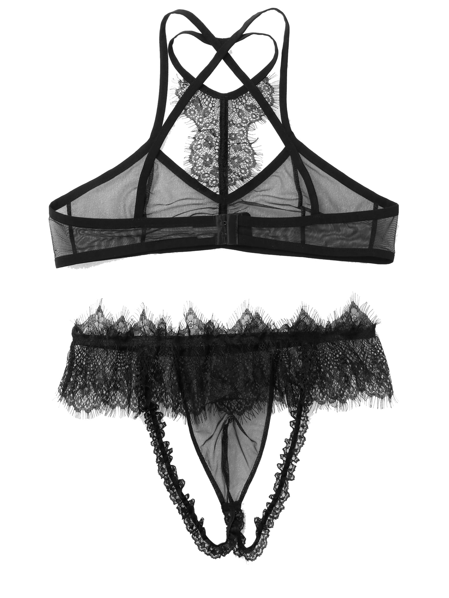 Ensembles Sissy Lingerie Hommes Soutien Gorge Transparen String Jockstrap Dentelle sous Vêtements Nightwear Noir XXL