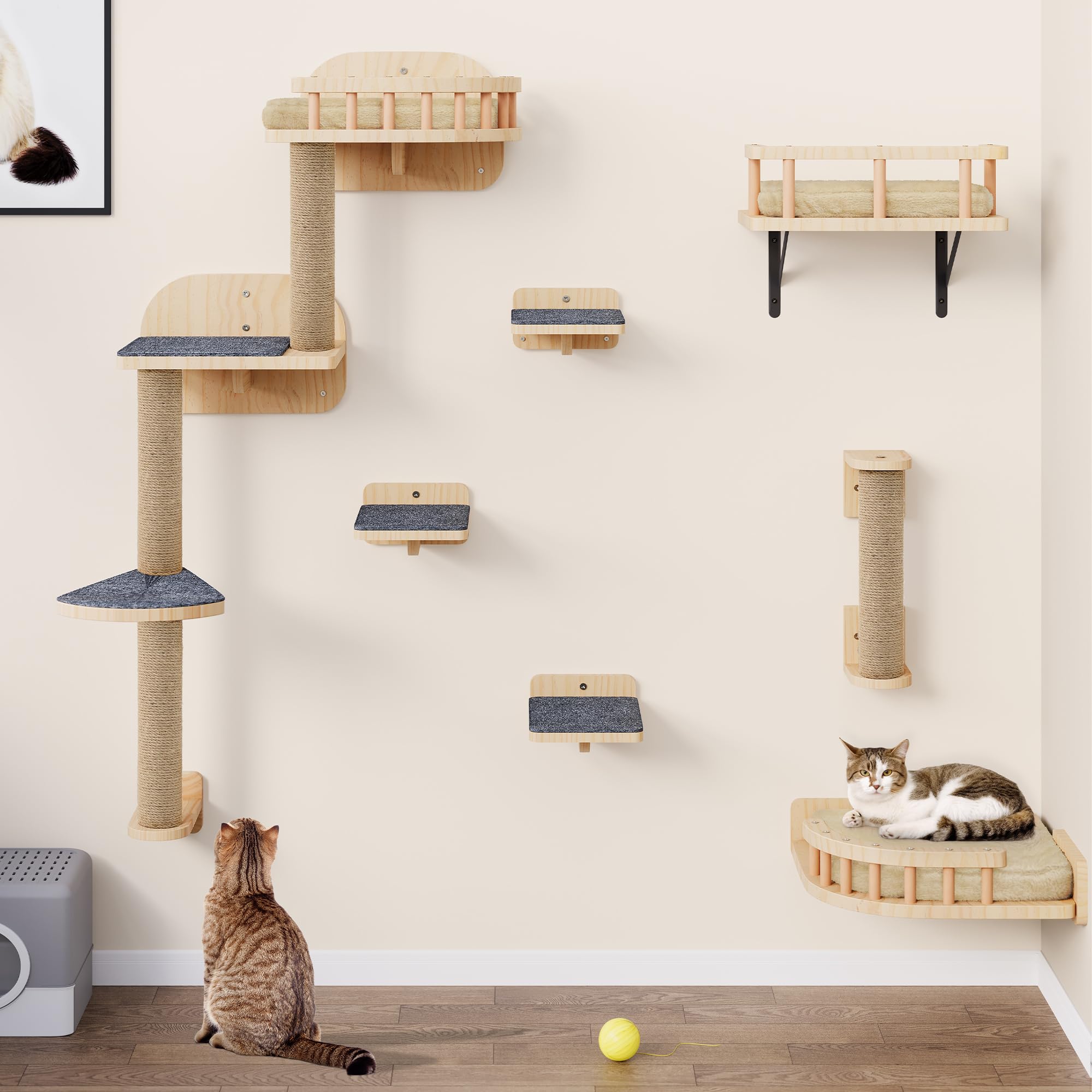 YITAHOME Juego de Muebles de Gato de Madera, Muebles para Gatos con árboles rascadores, Plataforma esquinera, Subir escaleras y Cama para Gatos, para Dormir y Jugar