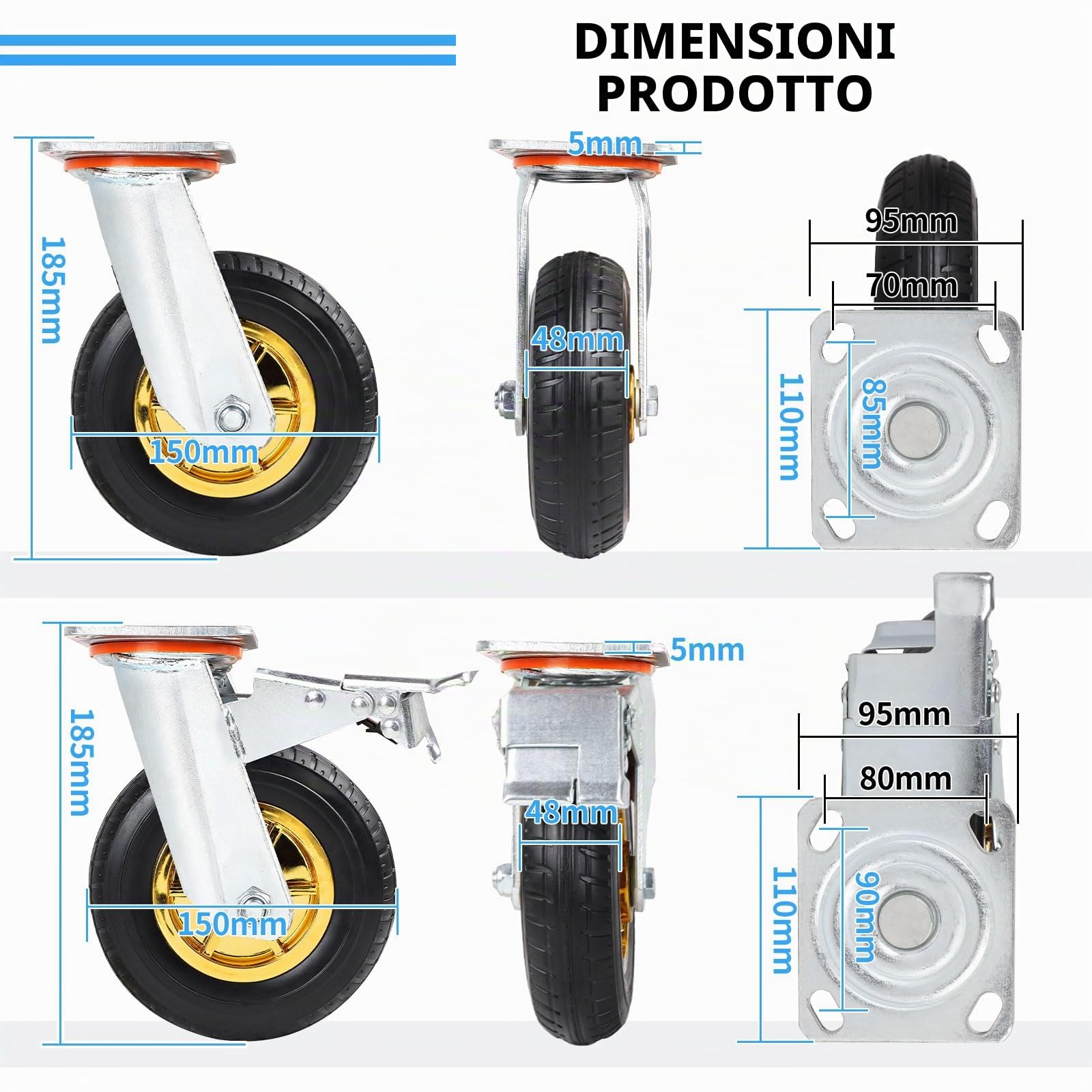 SWAWIS 4 Pezzi Ruote per Carichi Pesanti 150mm Ruote Rotazione 360° Pivontanti per Mobili con Freno fino a 240 kg per Ruota per Carichi Pesanti Spostamento e Trasporto Industrial