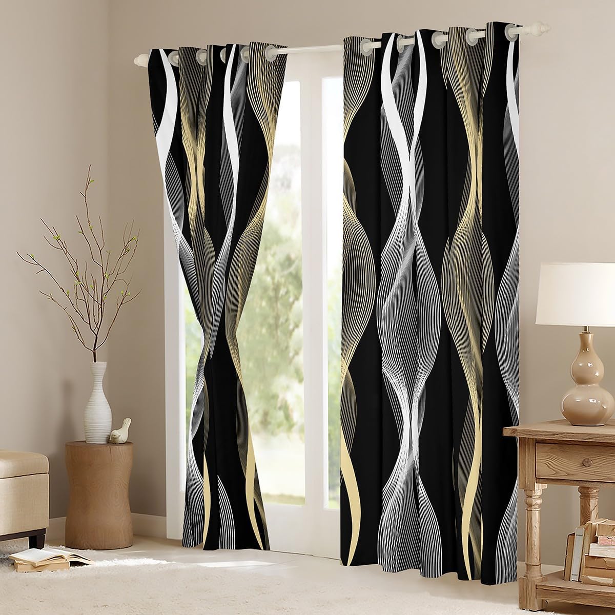 Geometric Curtain Silver Gold Wave Line Window Curtain Gradient Striped Window Treatments for Adults Women Men Living Room Aesthetic,Geometrical Line Curtains & Drapes,Abstract Modern,Black