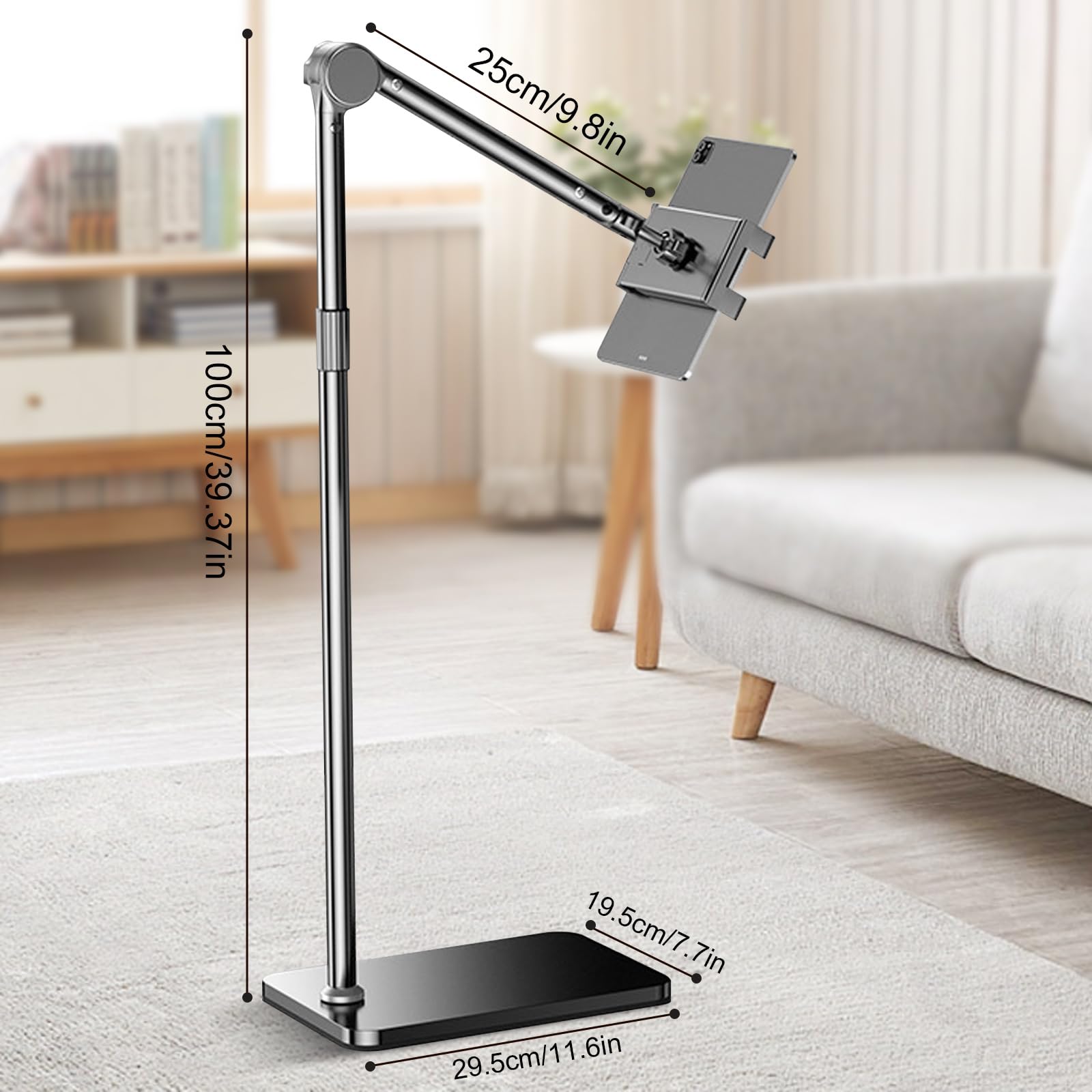 Supporto per tablet, girevole a 360 gradi, regolabile in altezza, in metallo, estensibile, per palestra, letto, iPad, iPhone, Kindle, e-reader (2 segmenti)