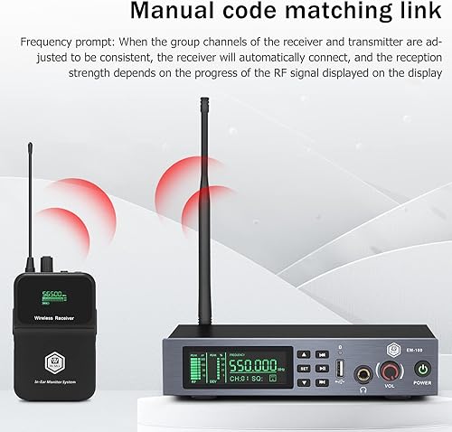 Miniatura 7 de EM100 UHF Wireless in Ear Monitor System 1 Channel 1 Bodypacks Mono IEM System para músicos, utilizado para escenario, banda, estudio de grabación y