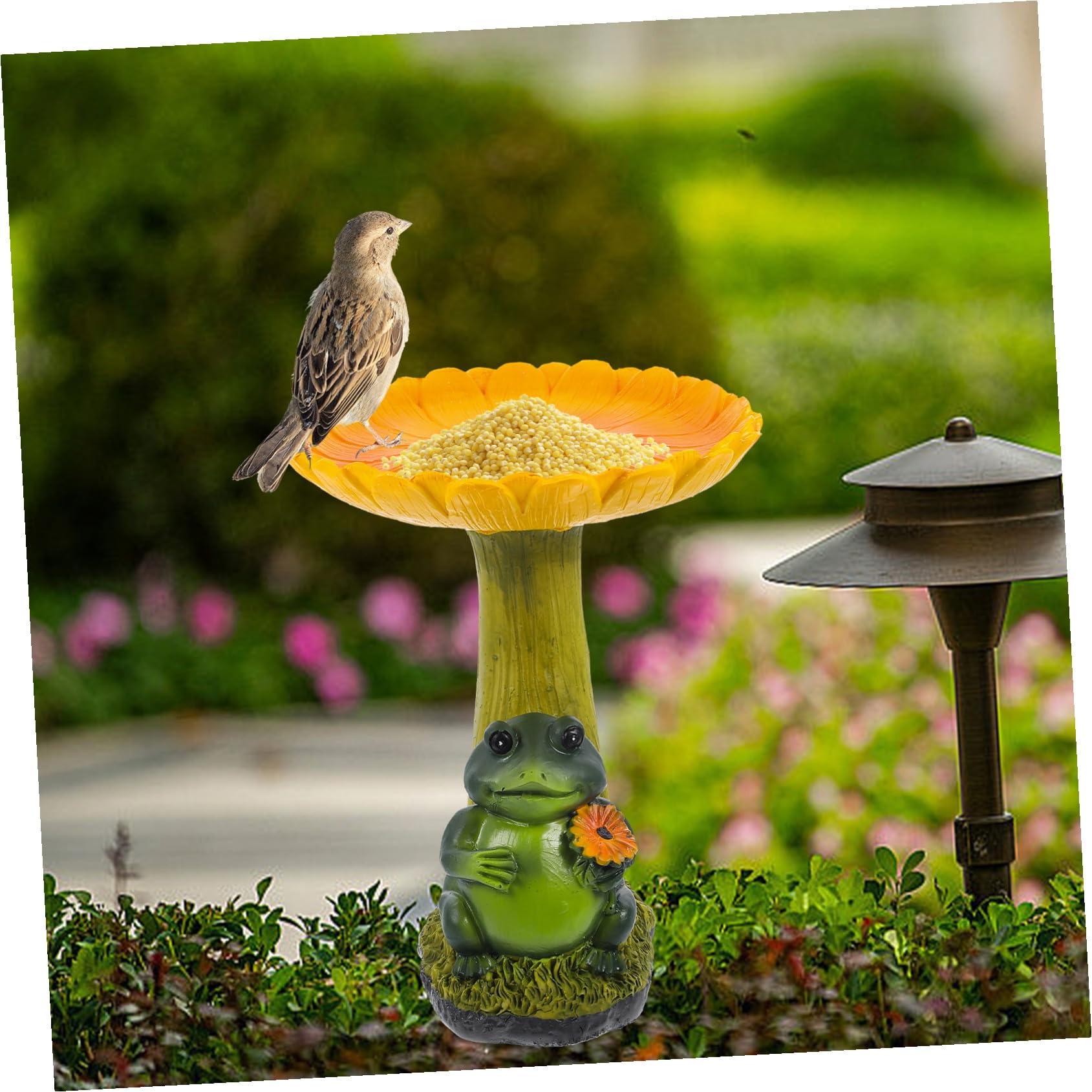 Comedero para Pájaros de Resina Diseño de Rana y Girasol para Jardín Exterior, Baño para Pájaros Decorativo, Resistente y Fácil de Limpiar, Accesorio de Jardín Funcional