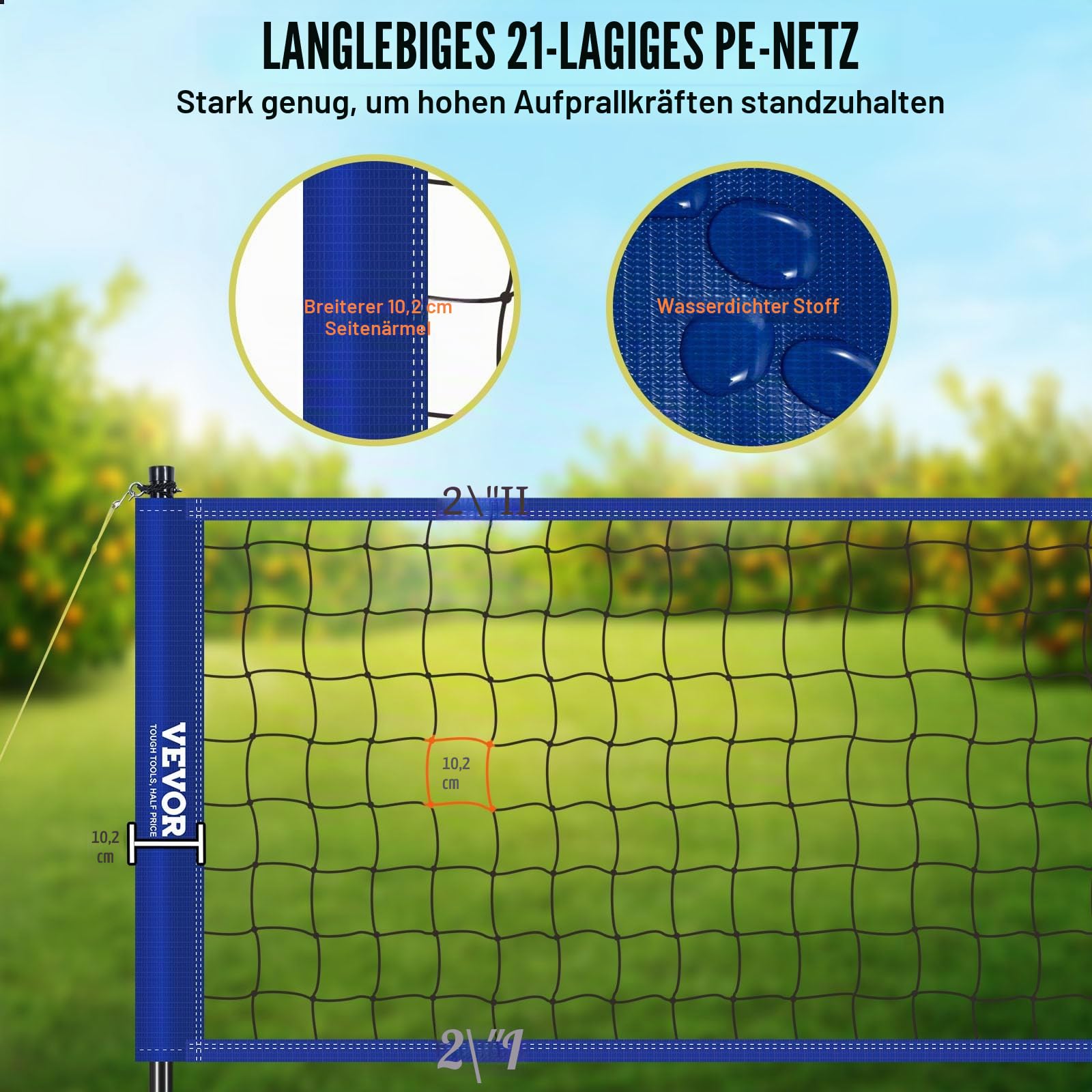 VEVOR Höhenverstellbares Volleyballnetz Set, 9,7 x 2,4 m Tragbarer Beachvolleyball-Netz, Blau Faltbar Mit Volleyball & Tragetasche, Für Garten, Strand