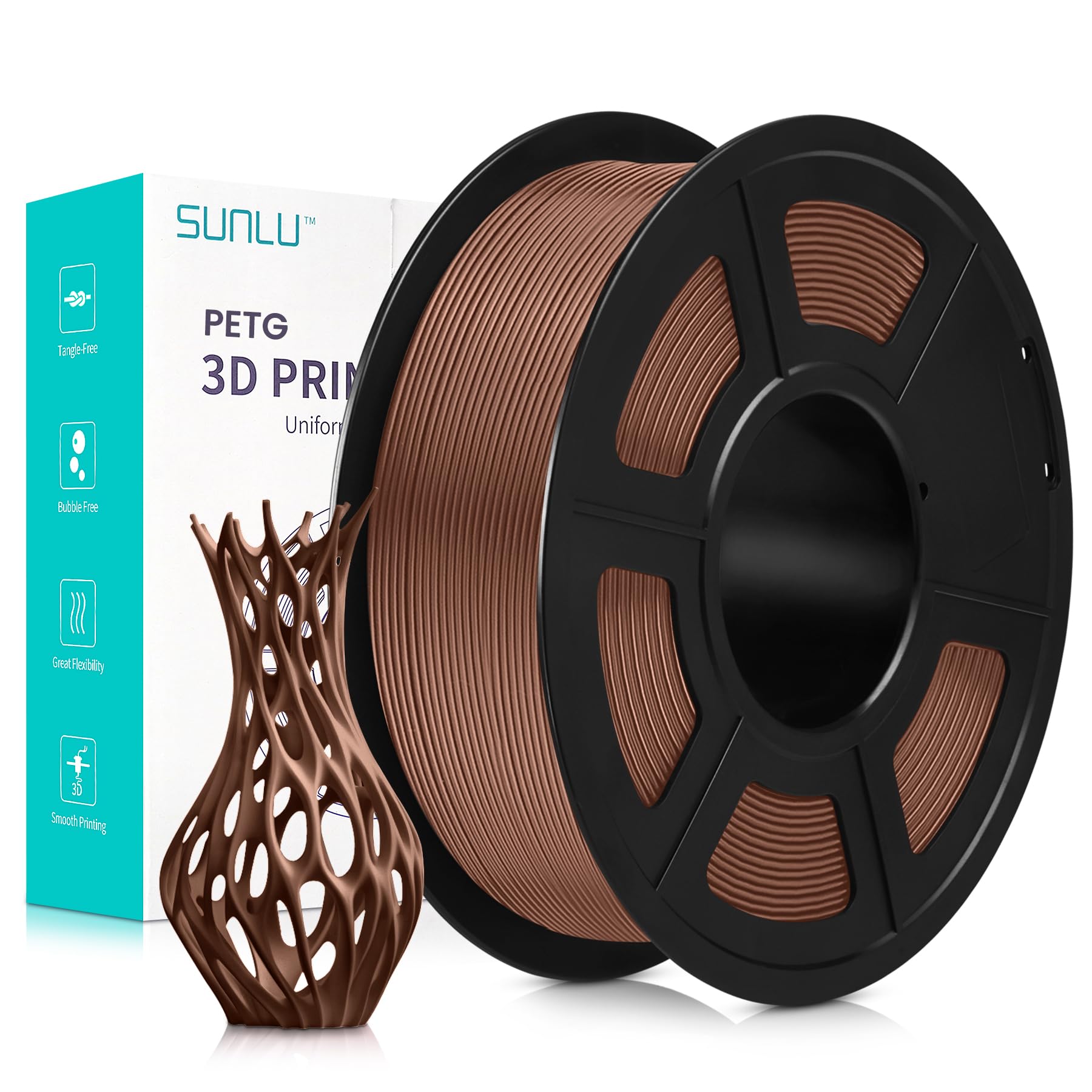 SUNLU Filamento PETG 1,75 mm, Neatly Wound Filamento PETG per Stampante 3D Precisione Dimensione +/- 0,02 mm, Forte e Durevole Filamento PETG per Stampa 3D, Bobina da 1kg (2,2 lbs), PETG Al Cioccolato