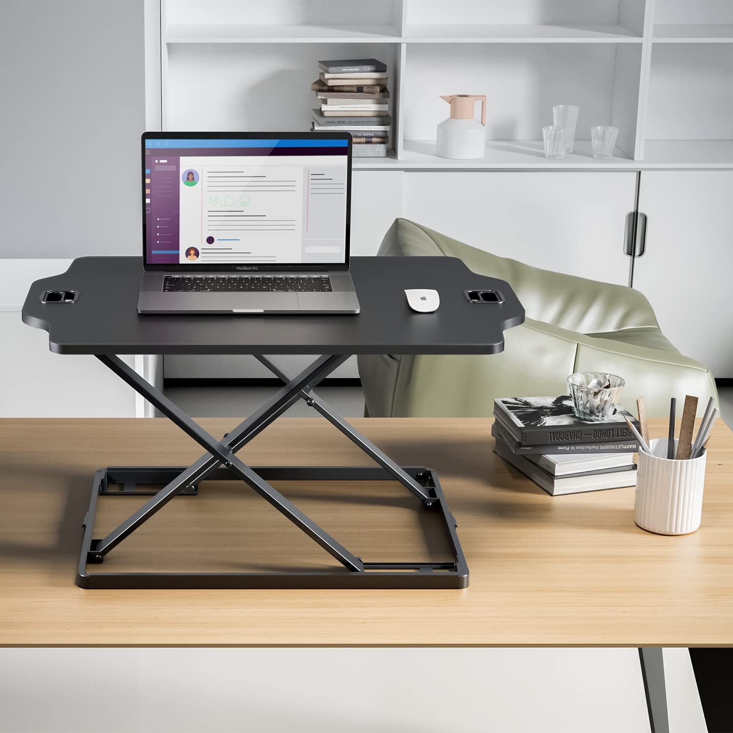 ER-419 Sitz-Steh-Schreibtisch Höhenverstellbarer Schreibtischaufsatz mit Gasfeder Schreibtisch Konverter für Monitor Laptop bis max. 10kg (Schwarz)