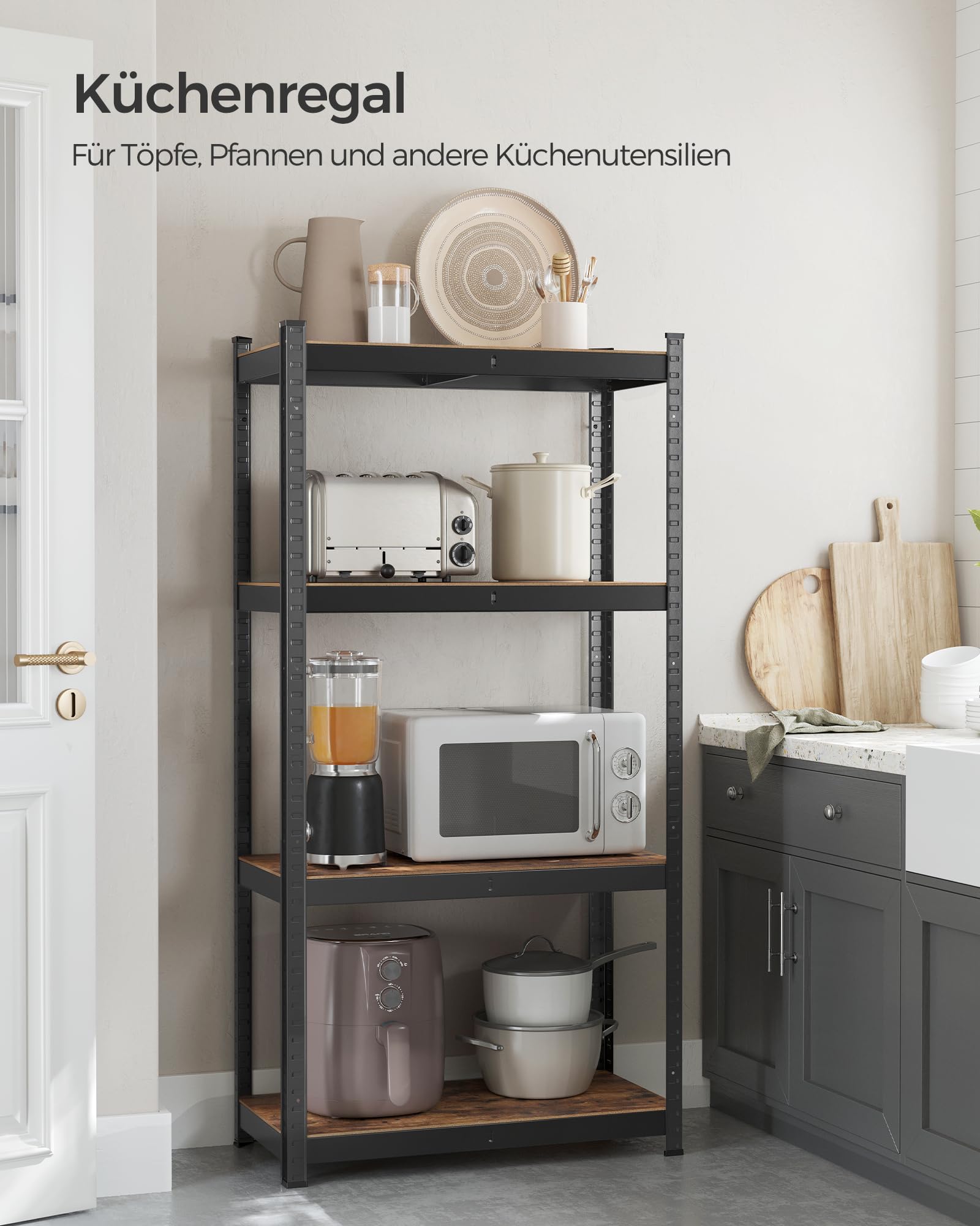 SONGMICS Standregal, Bücherregal, Lagerregal, 4 Ablagen, verstellbar, 40 x 80 x 160 cm, bis 520 kg belastbar, für Küche, Wohnzimmer, vintagebraun-schwarz GLR044B11