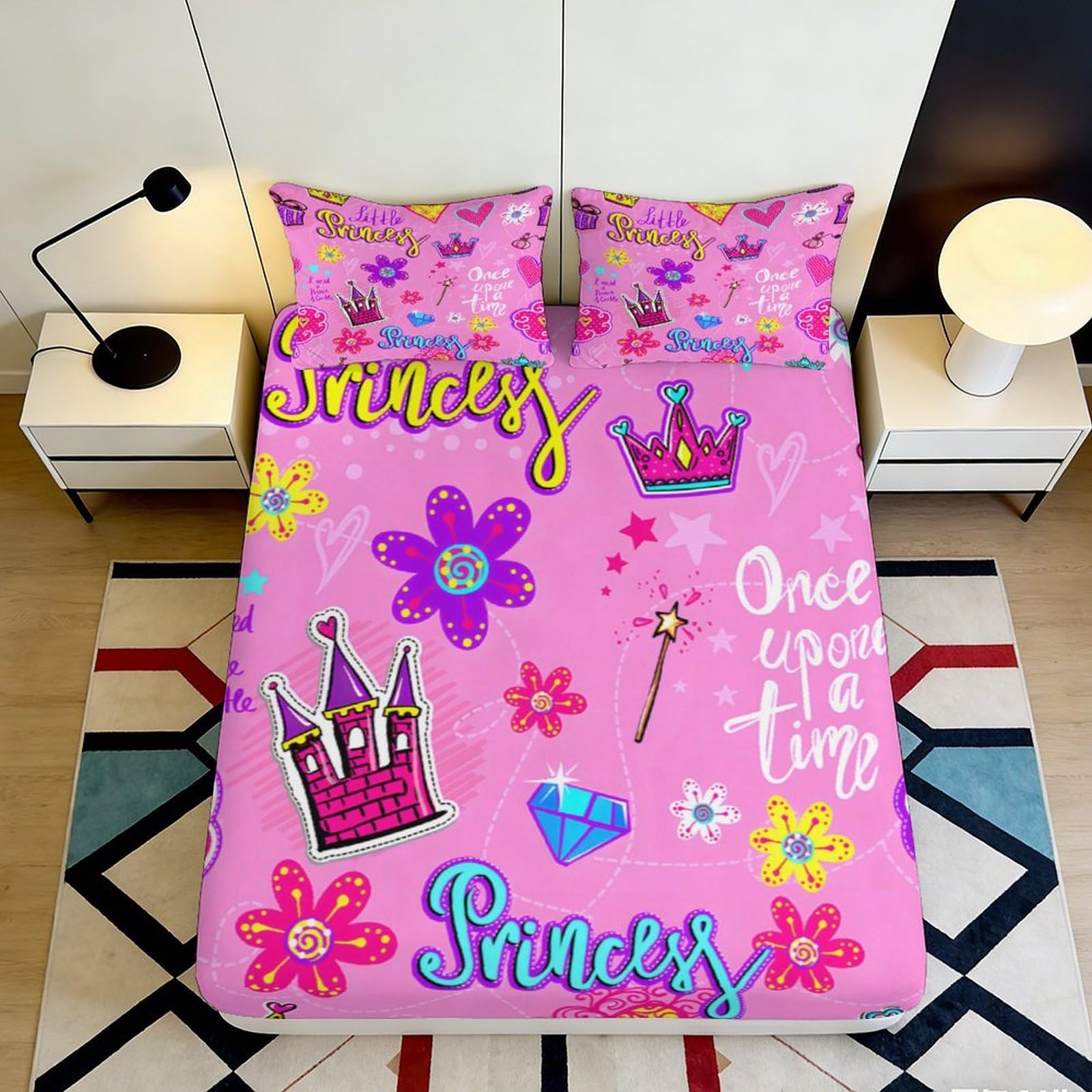 3D Printed Princess Crown Fitted Sheet Microfiber Pink Floral Bed Cover for Bedroom Guest Room Decor Protection 90x200x25cm