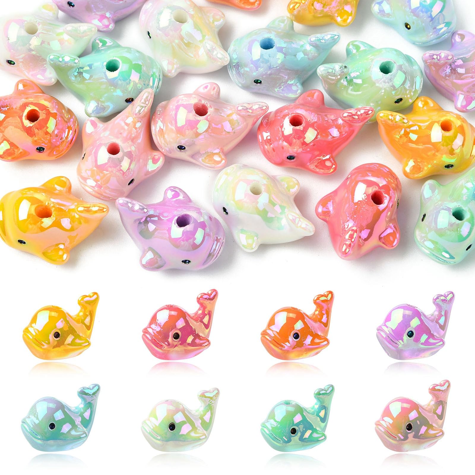 Stiesy 20 Pcs Electroplated Dolphin Resin Beads Mixed Color 3D Sea Animal Shape DIY Craft Beads with 2mm Hole for Ocean Theme Jewelry Making DIY Crafts Keychain Accessories