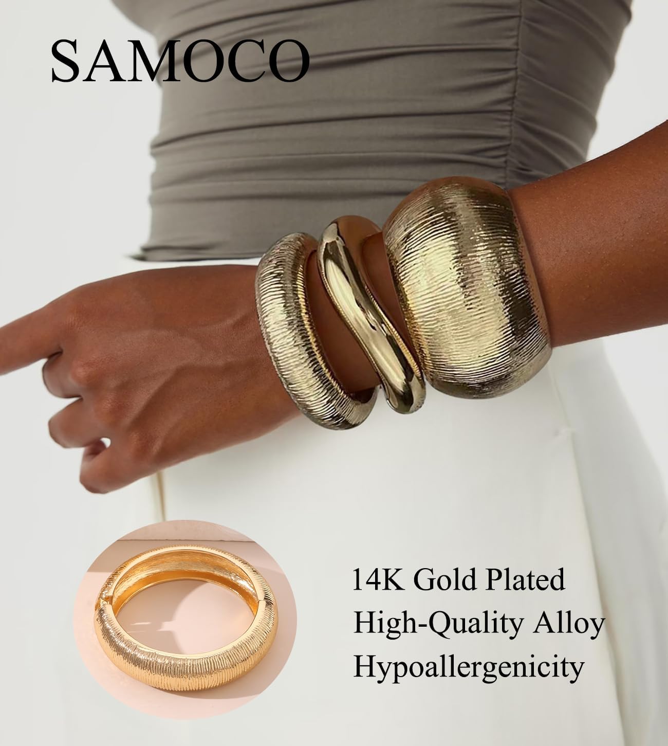 SAMOCO 3Pcs Chunky Gold Bangle Bracelets for Women Trendy Wide Wrist Cuff Bracelets Stack Statement Bangle Fashion Gifts - Image 4