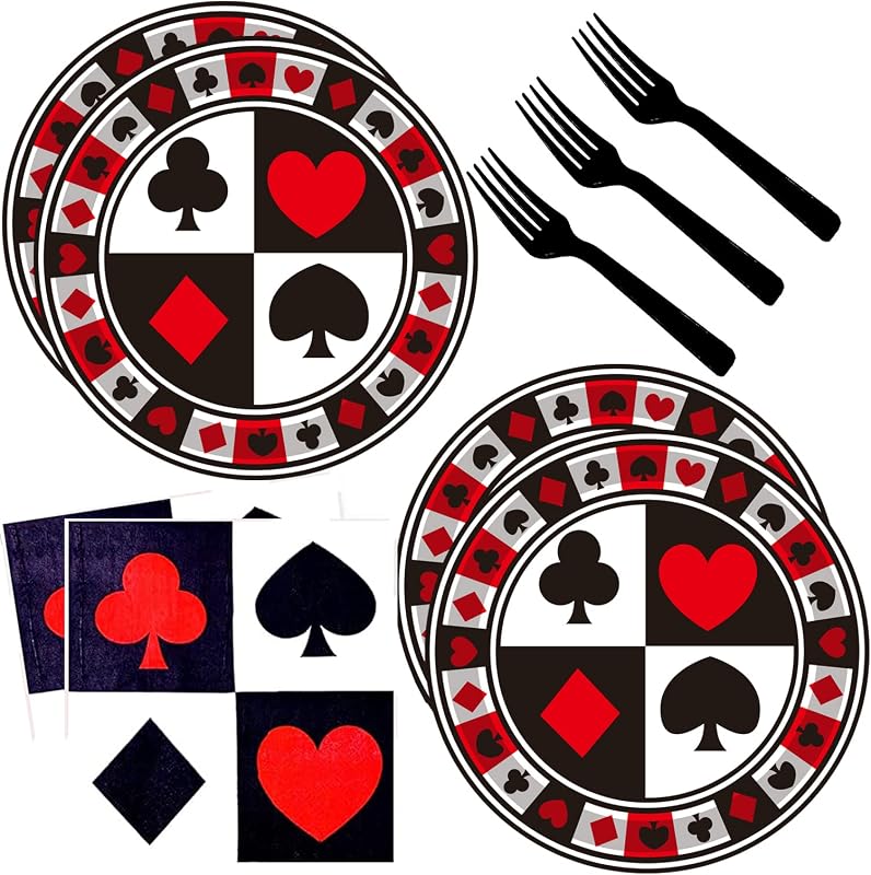 Juego de vajilla de póquer de 60 piezas de suministros para fiestas de casino, platos de papel de póquer de 7 "y tenedor de servilletas de casino para juegos de póquer nocturno de casino, cartas de póquer temáticas, club de juego, decoración de fiesta de cumpleaños de casino con corazón (Serve20)