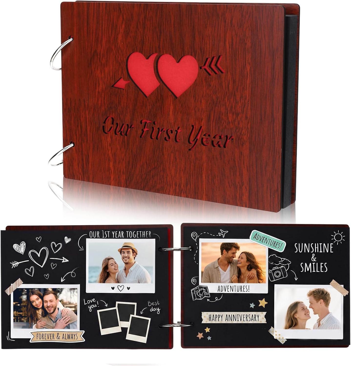 Our First Year Wooden Scrapbook Heart Cutout Photo Album for Couples Handmade DIY Memory Wooden Scrapbook for Husband & Wife, Romantic Anniversary Memory Notebook to Record 1-Year Moments