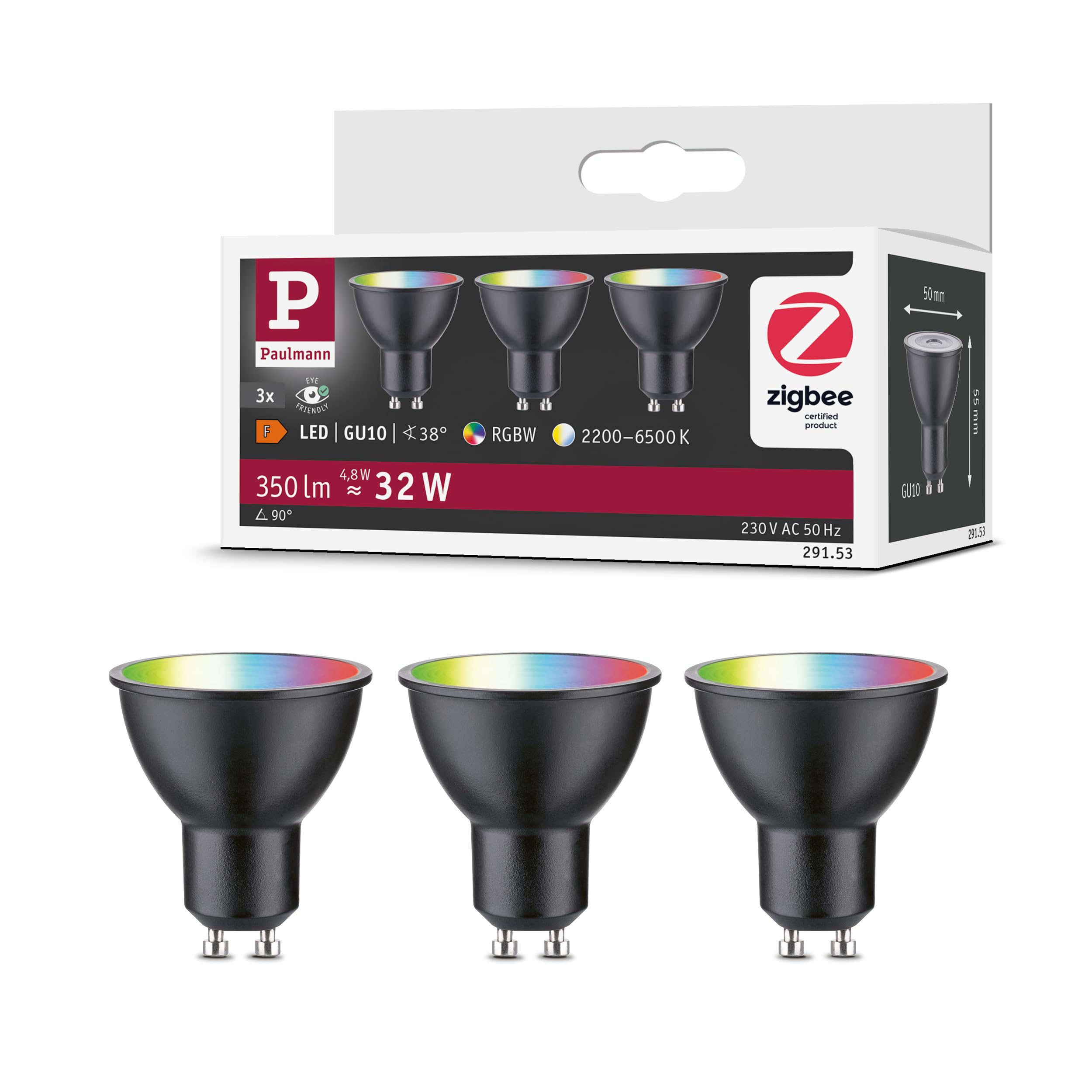 Paulmann 29153 Standard 230 V Smart Home Zigbee réflecteur LED GU10 3x350lm 3x4,8W RGBW+ gradable Noir mat ampoule