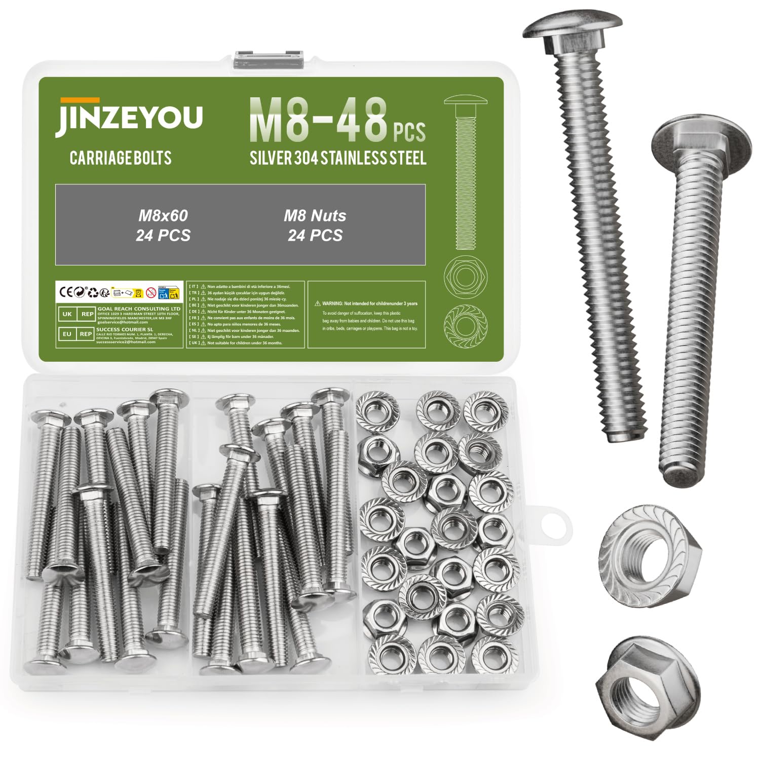 48 Pcs M8 Coach Bolts, M8 x 60mm Cup Square Carriage Bolts and Nuts Set, Stainless Steel Coach Screws with Hexagon Flange Nuts