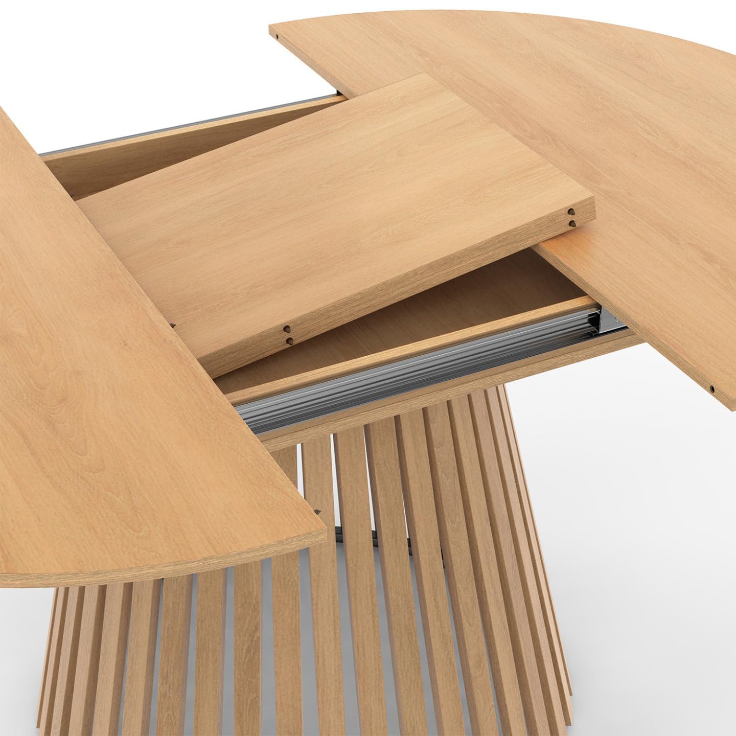 IDMarket - Ausziehbarer runder Esstisch Carmen 4-8 Personen Holzfuß aus Latten und Holzplatte 110-150 cm