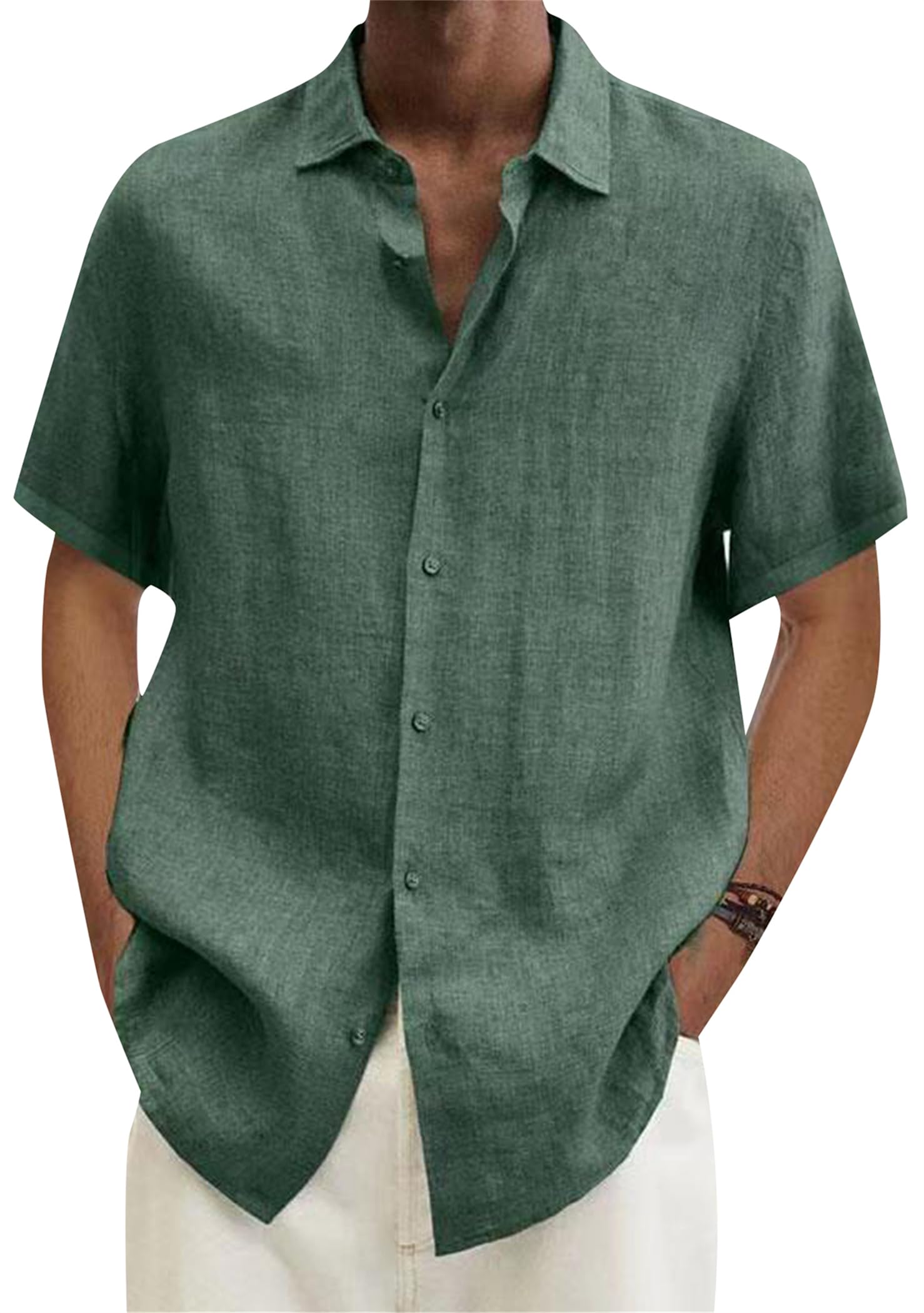 OMZIN Los Hombres De Verano De Manga Corta De Color Sólido Camisas Casual Lapel Button Down Lino Camisas Sueltas Tops