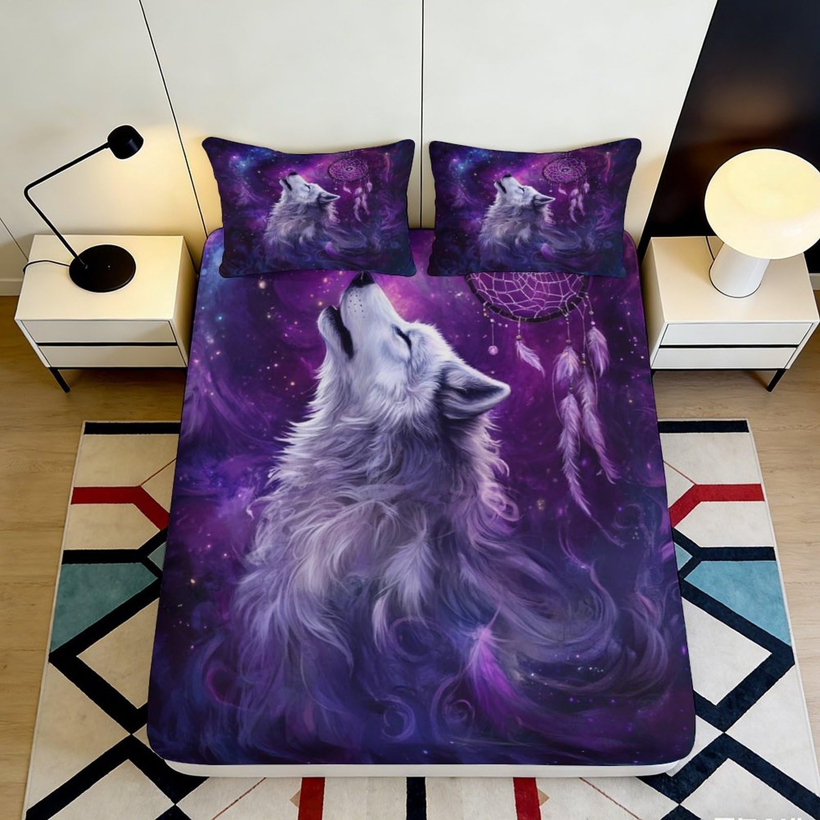 3D Printed Wolf Dreamcatcher Fitted Sheet Microfiber Purple Animal Bed Cover for Bedroom Guest Room Home Decor 90x200x25cm