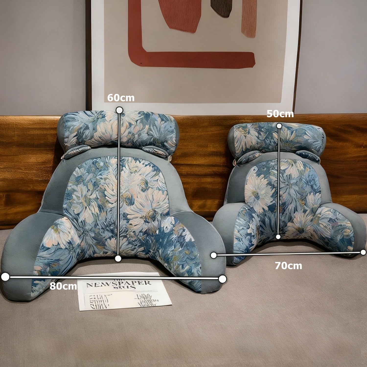 Cuscino per schienale per letto e divano con braccioli, ergonomico, per adulti, traspirante, con rivestimento rimovibile, per leggere (blu Monet, 80 x 60 cm)