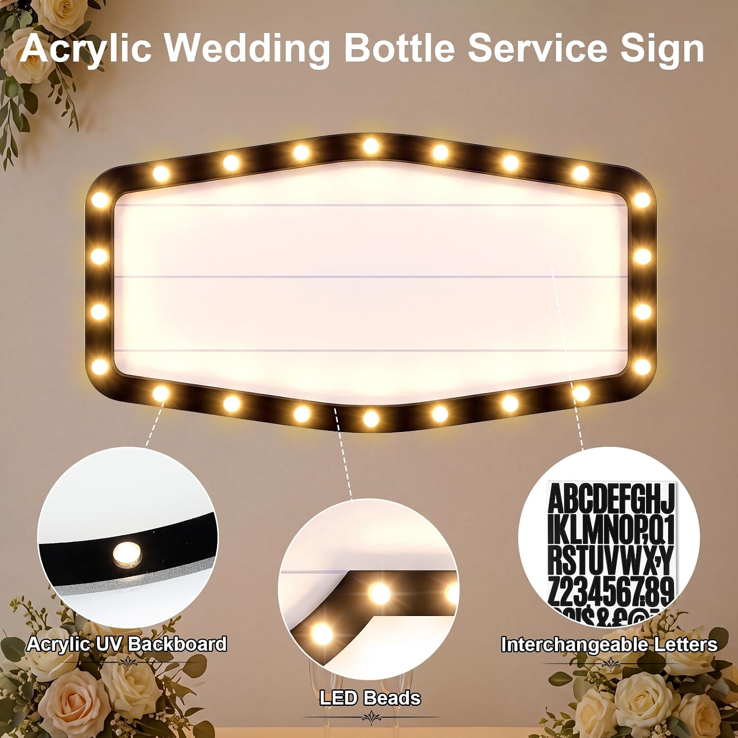 2 Pack 20 Inch LED Acrylic Wedding Bottle Service Sign with Letter Sticker Light up Large Wedding Entrance Props Personalized Marquee Sign for Reception Nightclub Bridal Engagement(Fashion)