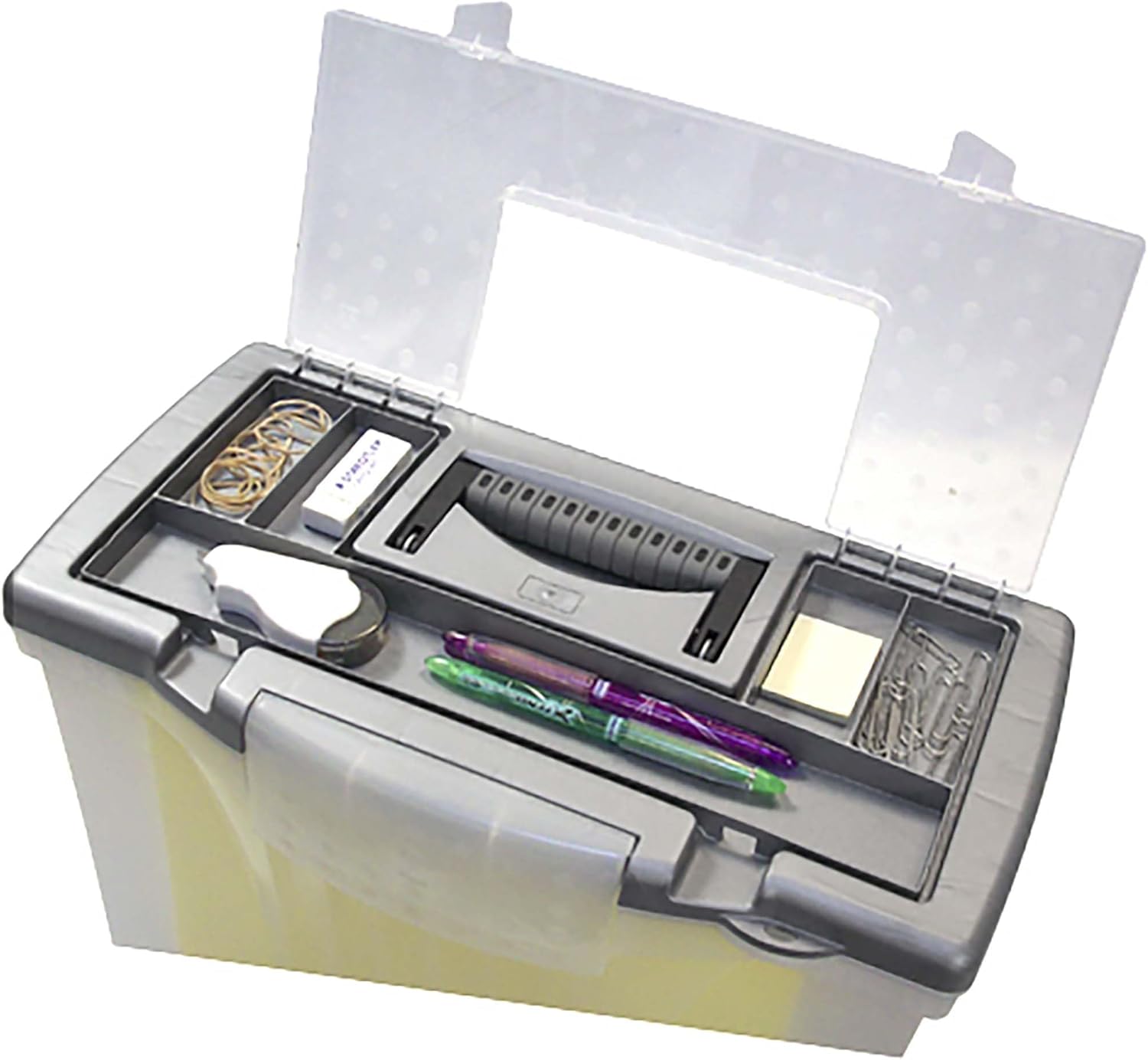 Storex Portable File Box with Organizer Lid, 17.13 x 9.63 x 11 Inches, Frosted/Silver (STX61511U01C)