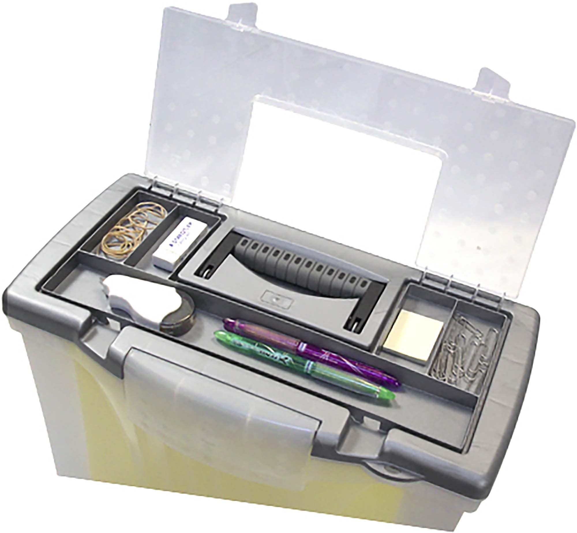 Storex Portable File Box with Organizer Lid, 17.13 x 9.63 x 11 Inches, Frosted/Silver (61511A01C)