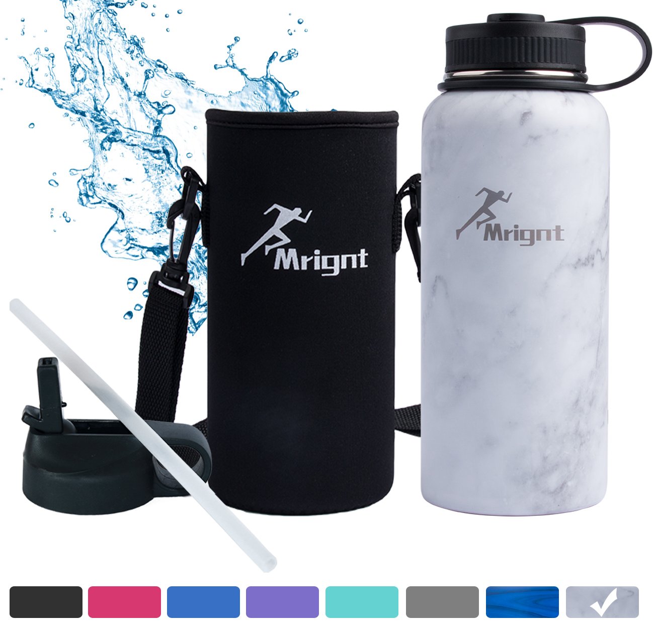 mright Stainless Steel Vacuum Insulated 40/32 OZ Sports Water Bottle|Best Water Bottle for Men&Women|Buy ONE GET Three A Straw Lid& A Bottle Pouch & A Bottle Brush-White 32