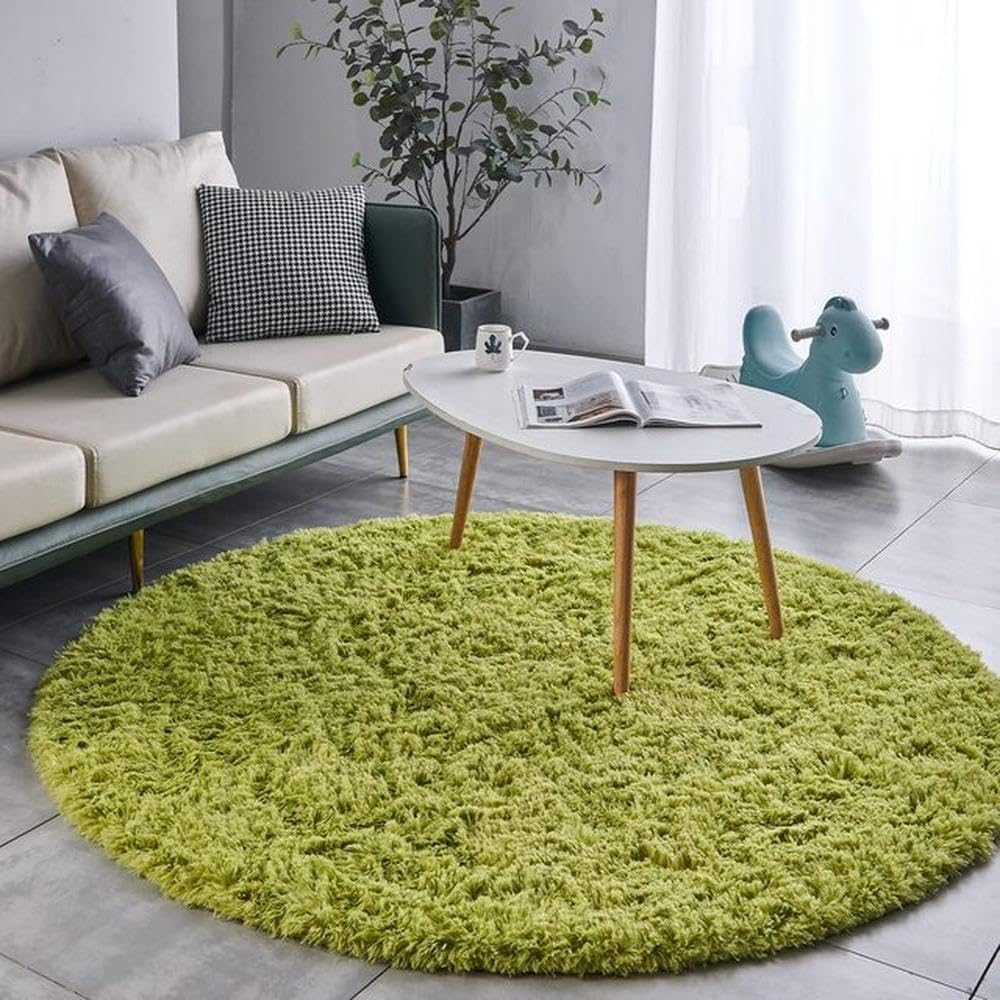 PIZZZENO Plush Carpet Round for Living Room Area Rugs Bedroom Crawling Game Floor Mat Gray Fluffy Carpet Home Decor,Grass green,180X180cm(70.8inch)