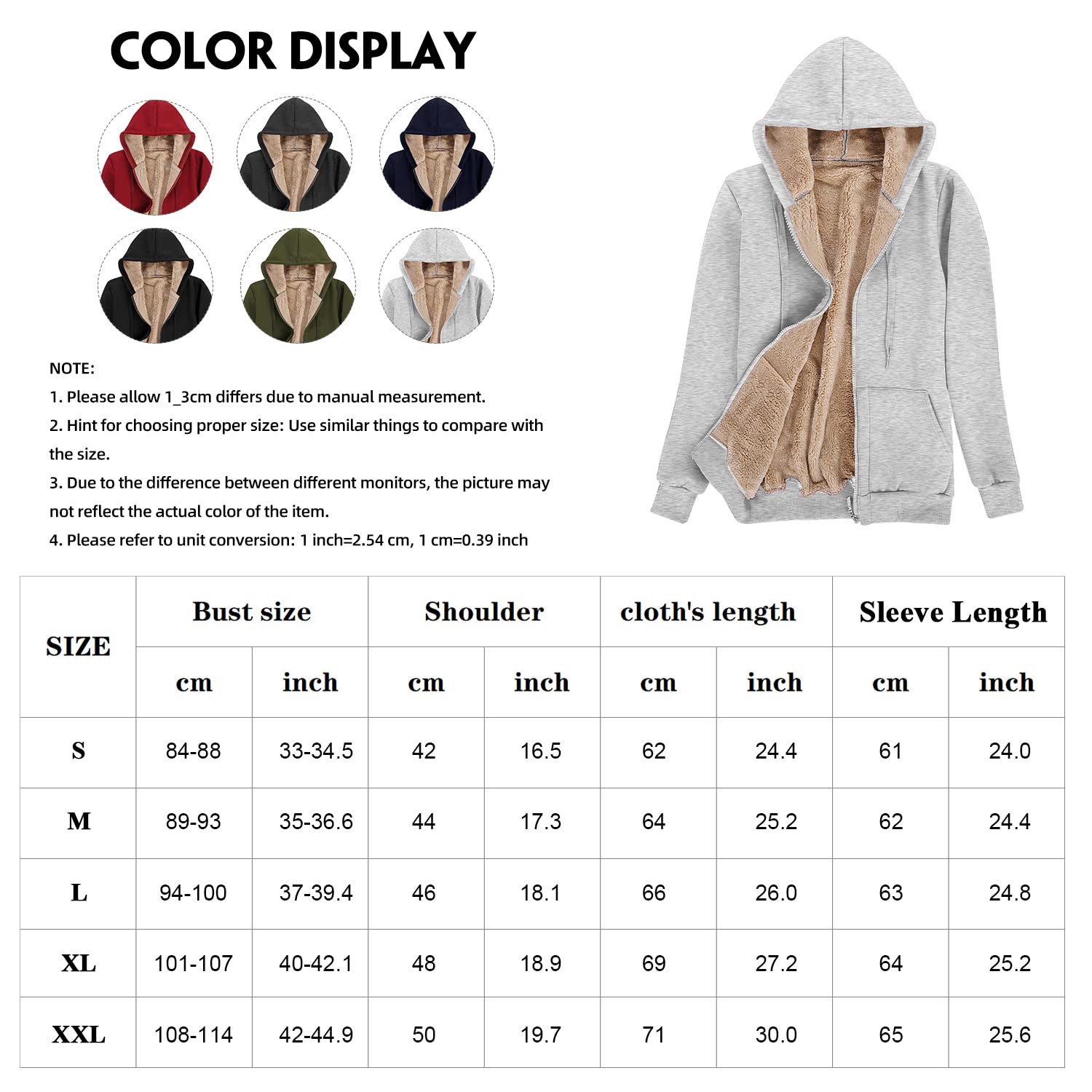 Voqeen Felpa da donna con cappuccio in tinta unita, invernale, calda, foderata, con cerniera, con cappuccio, morbida coperta in pile con tasca