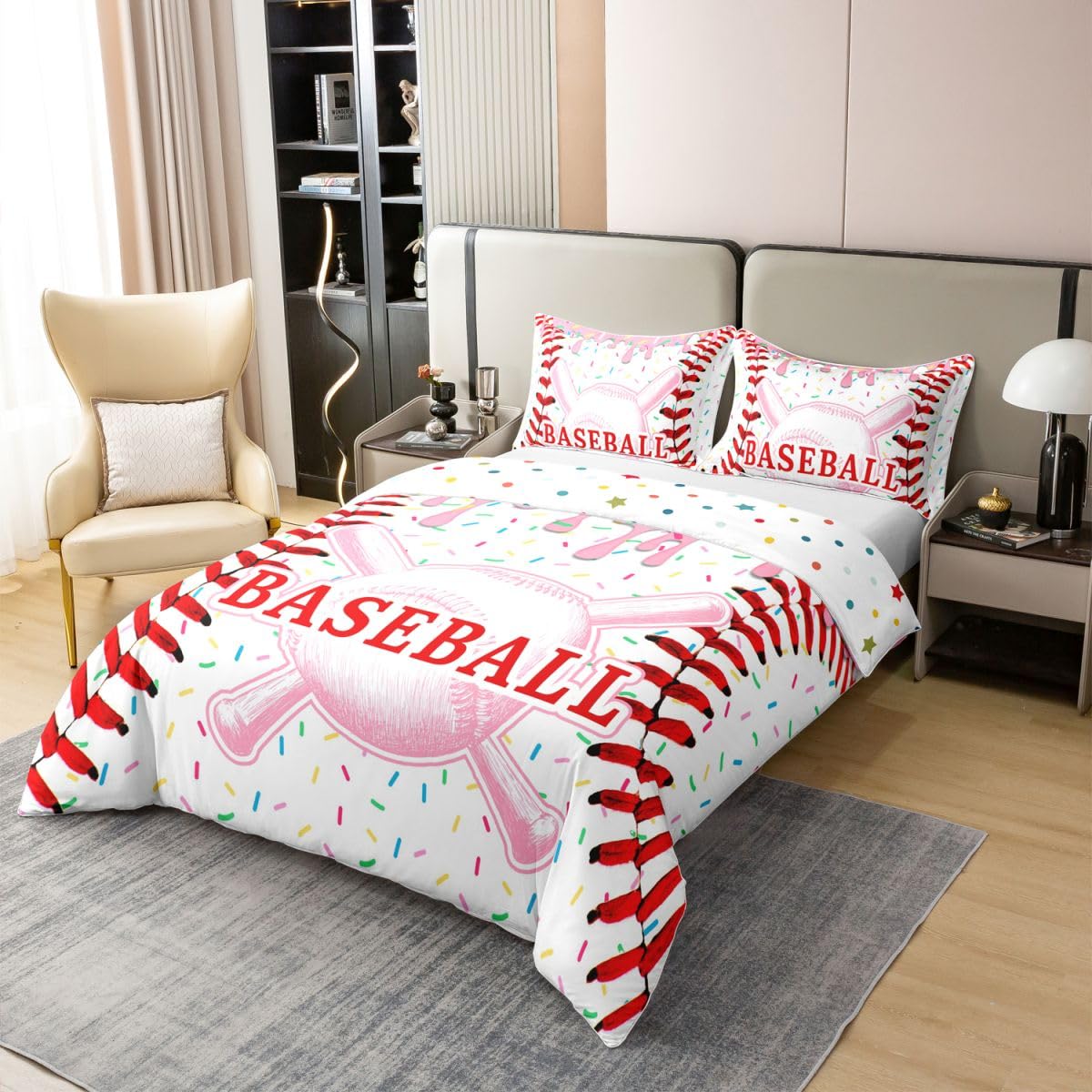 Homewish Juego de funda de edredón de béisbol tamaño King para adolescentes, ropa de cama deportiva de helado, juego de cama de béisbol, juegos, para habitación de adultos, bonito juego de cama