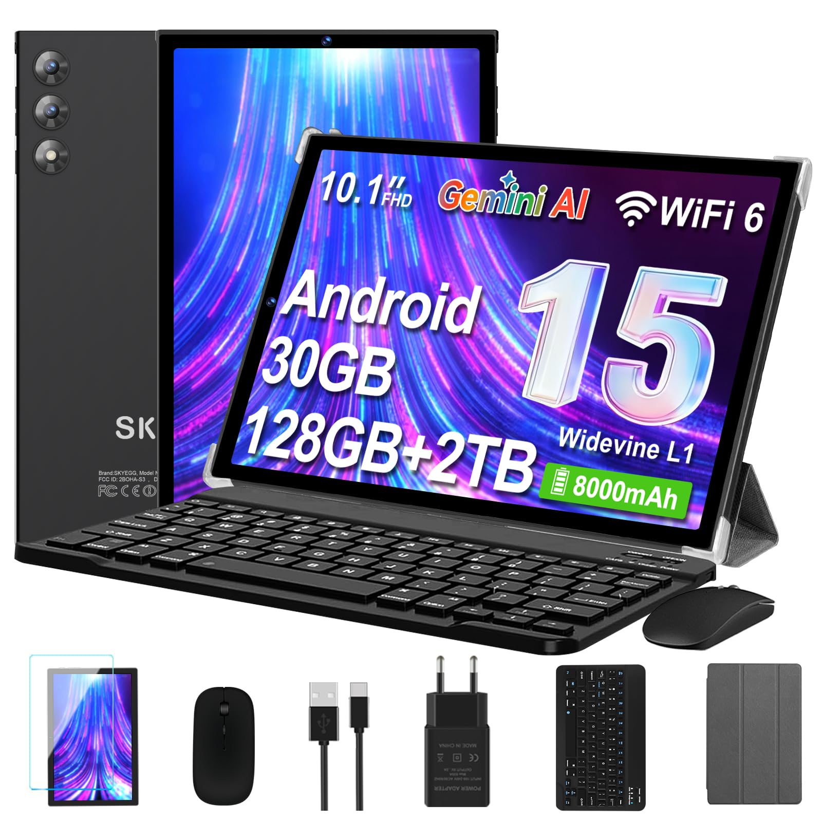 Tablet 10 Zoll Android 15 mit Gemini AI, Tablet mit Tastatur und Maus, 30 GB RAM + 128 GB ROM, Erweiterbar auf 2 TB, Octa-Core Prozessor, WLAN 6, Widevine L1, 8000 mAh Akku, Metallgehäuse, Schwarz