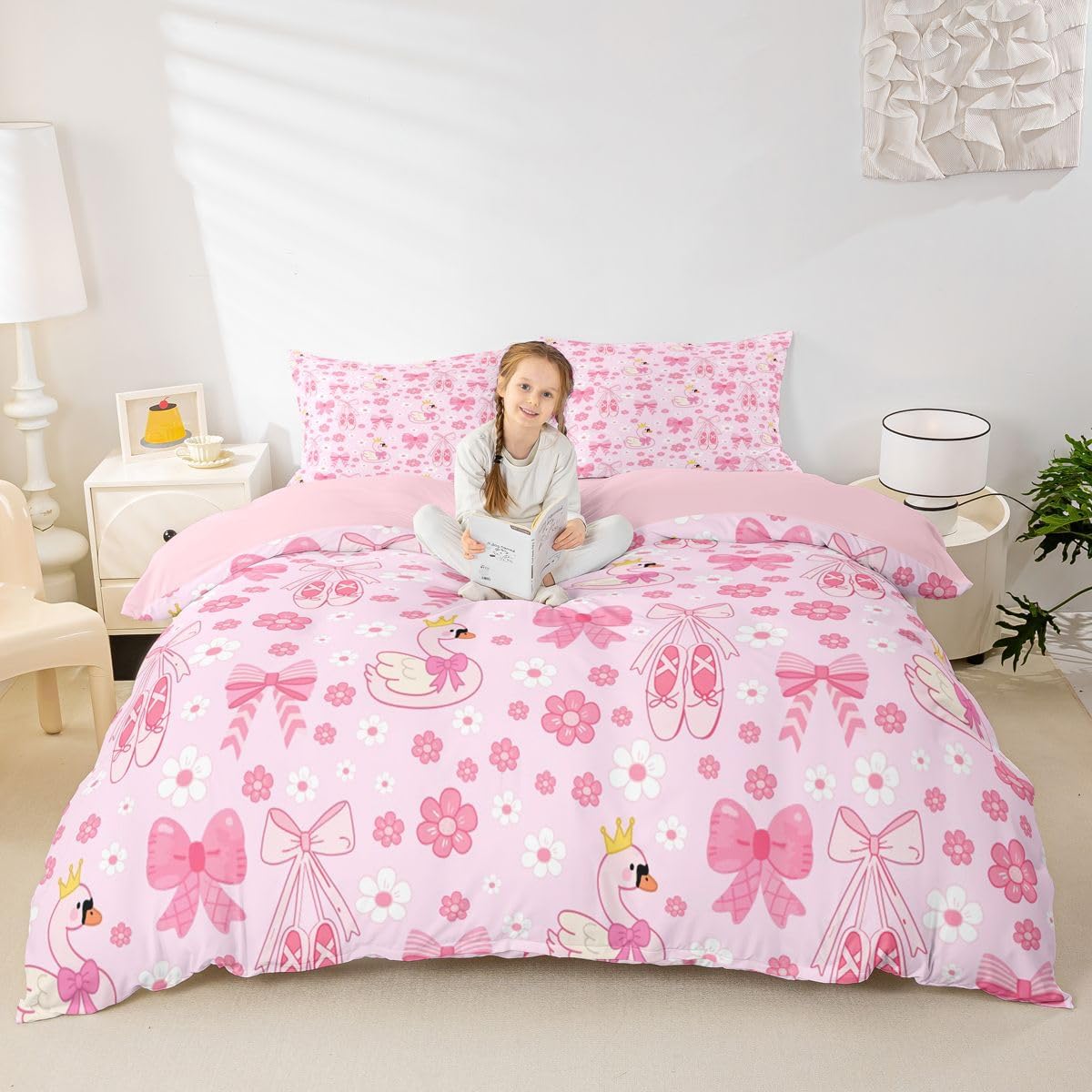 Pink Bowknot Ballet Bedding Sets King Size,Cartoon Swan Flowers Duvet Cover Set 3Pcs for Girls Adult Room Decor,Ballet Dancing Lovers Comforter Cover Sweet Bow Knot Print Quilt Cover,2 Pillowcases