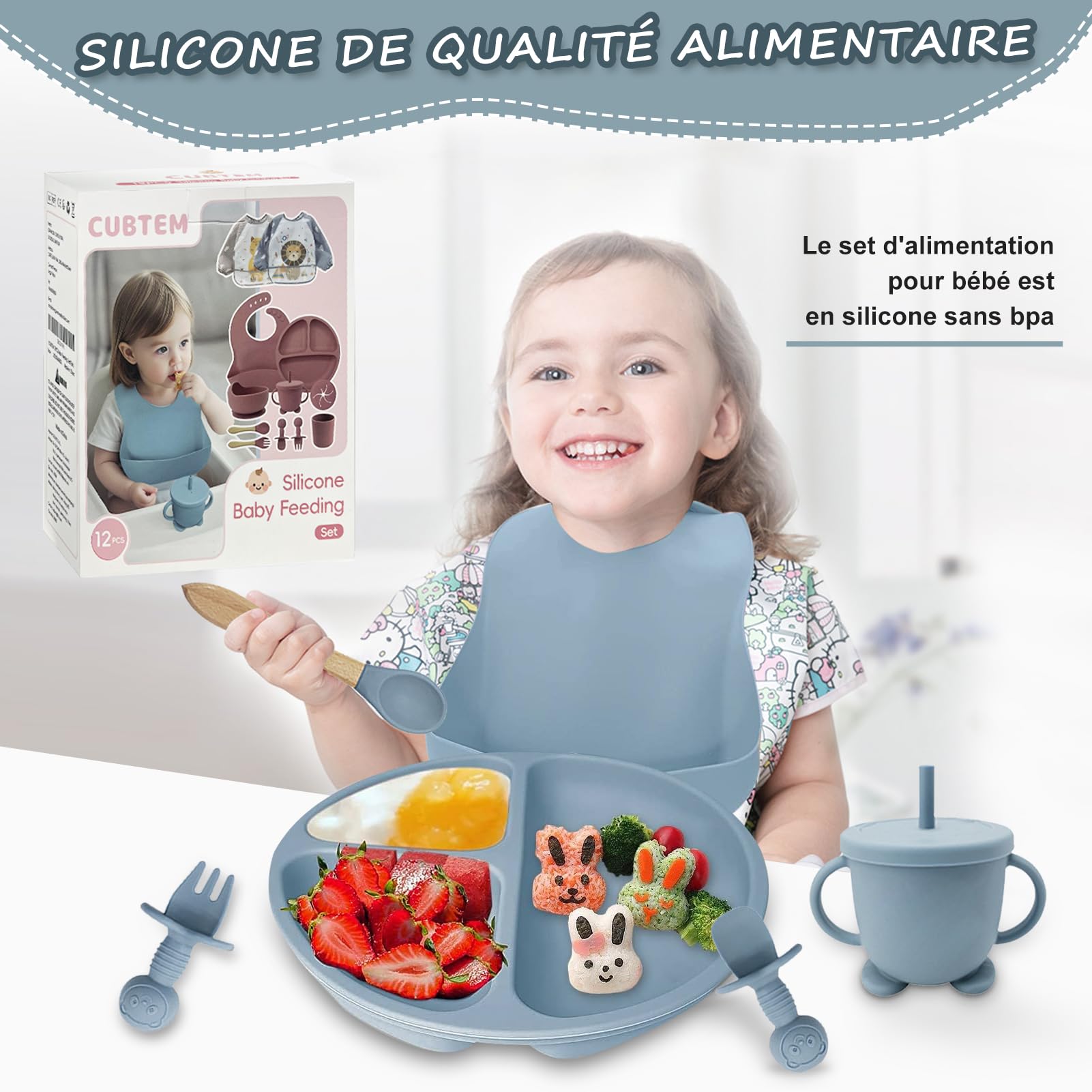 El set completo de vajilla infantil CUBTEM, diseñado para facilitar la alimentación del bebé y promover la autonomía.