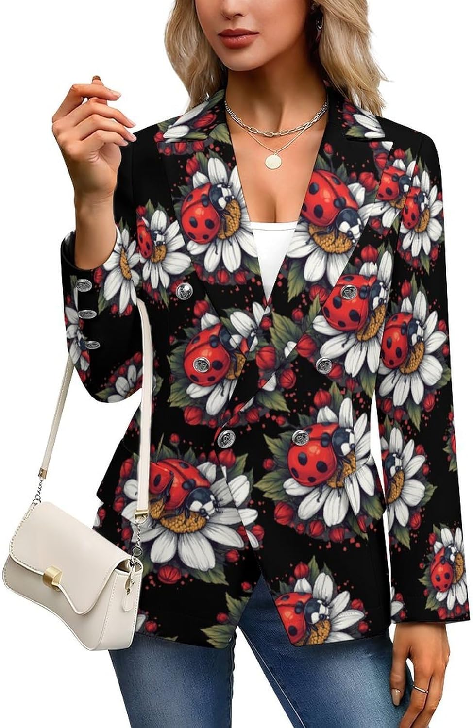 Daisy Flower with Ladybug Insect Women's Blazer Long Sleeve Suits Business Casual Blazers Jackets Lapel Open Front Suit
