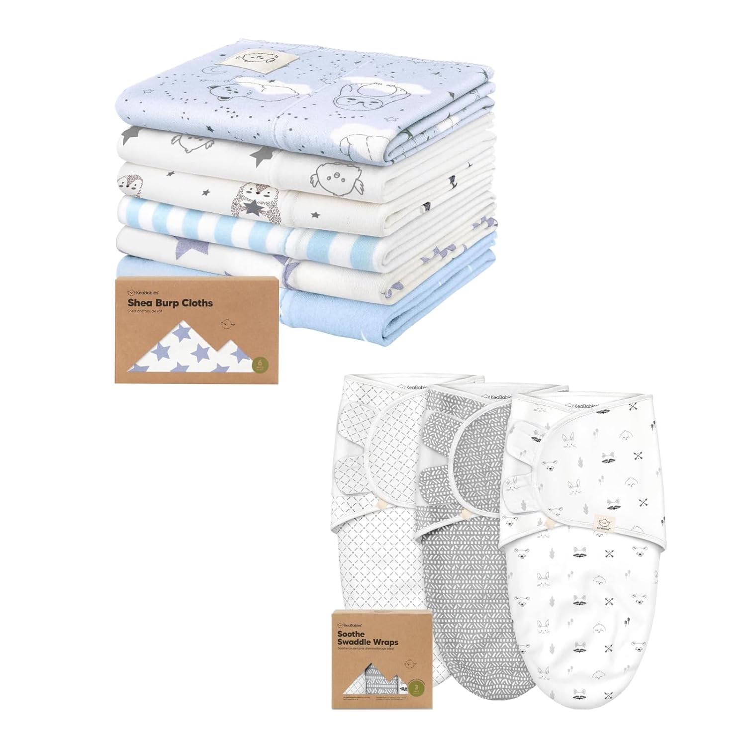 KeaBabies 6-Pack Baby Burp Cloths for Boys and Girls and 3-Pack Baby Swaddle Sleep Sacks - Large Burp Cloths, Burping Cloth for Kids - Newborn Swaddle Sack, Soft, Breathable Toddler Essentials