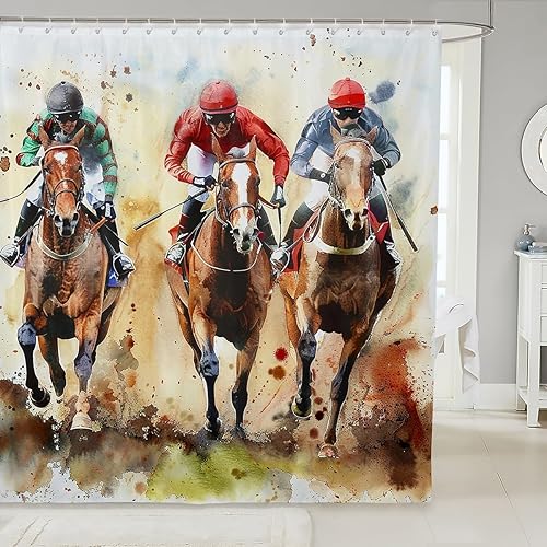 Cortina de ducha de carreras de caballos, emocionante juego de caballos, cortina de baño para niños, cortina de baño impermeable con 12 ganchos,