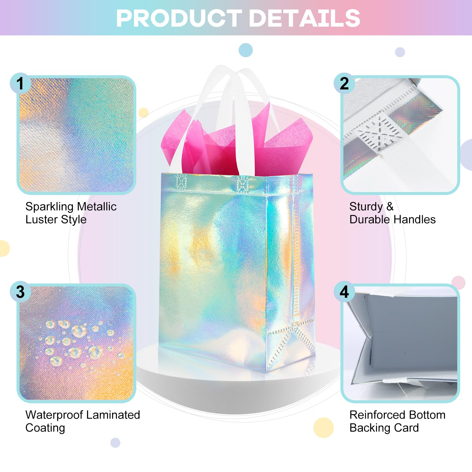 Addblu 12 Pack Reusable Gift Bags with Handles & 24 Tissue Papers, 10x4x8 Inch Iridescent Gift Bags with Cardboard Bases for Shopping, Parties, Birthdays, Weddings, Holiday, Father's Day (Holographic Gift Bag-White Papers)