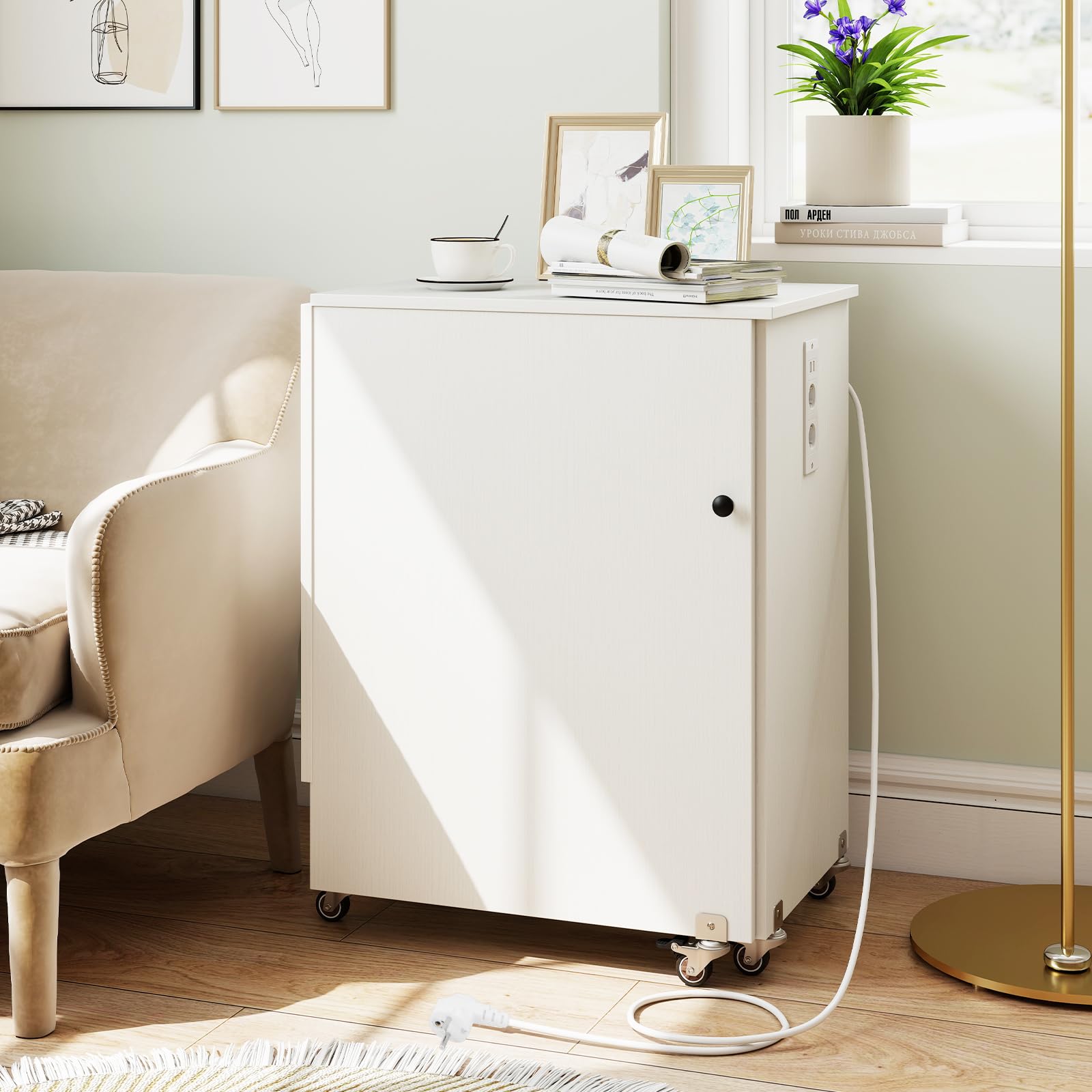 GIANTEX Armario de Costura Plegable con 5 Ruedas, Mesa de Coser con Estación de Carga, 3 Compartimentos y 1 Estante Abierto, para Dormitorio, Salón y Estudio (Blanco, 116x41x78cm)