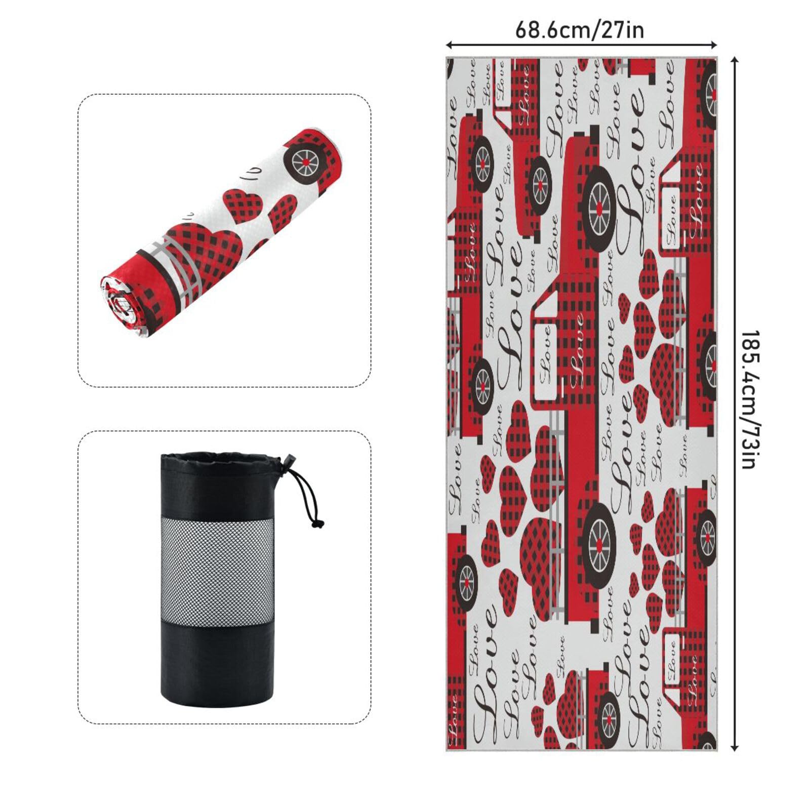 pnyoin Love Truck and Heart Shape Yoga Towel,Hot Yoga Mat Towel with Grip Dots Sweat Absorbent Non-Slip for Hot Yoga, 24