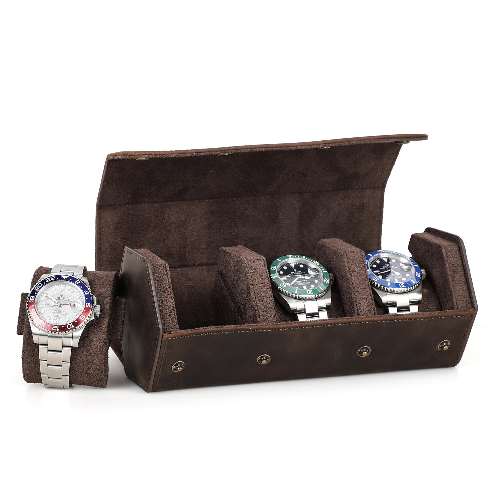 NFBCXUTKW Leather Watch Box, Genuine Leather Hexagonal Watch Storage Roll Case, Travel Watch Organizer Case (3 Slot, Coffee)