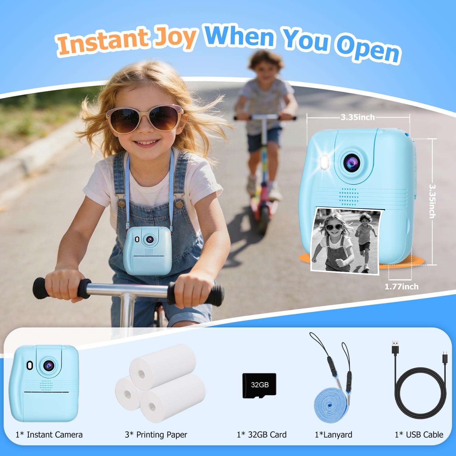 GKTZ Kids Camera Instant Print - 2.4" Eye-Care Digital Video Camera for Toddlers & Kids Ages 3-12, with 3 Rolls Paper & 32GB SD Card, 1080P, 18 Frames, Birthday Christmas Valentines Gifts for Girls