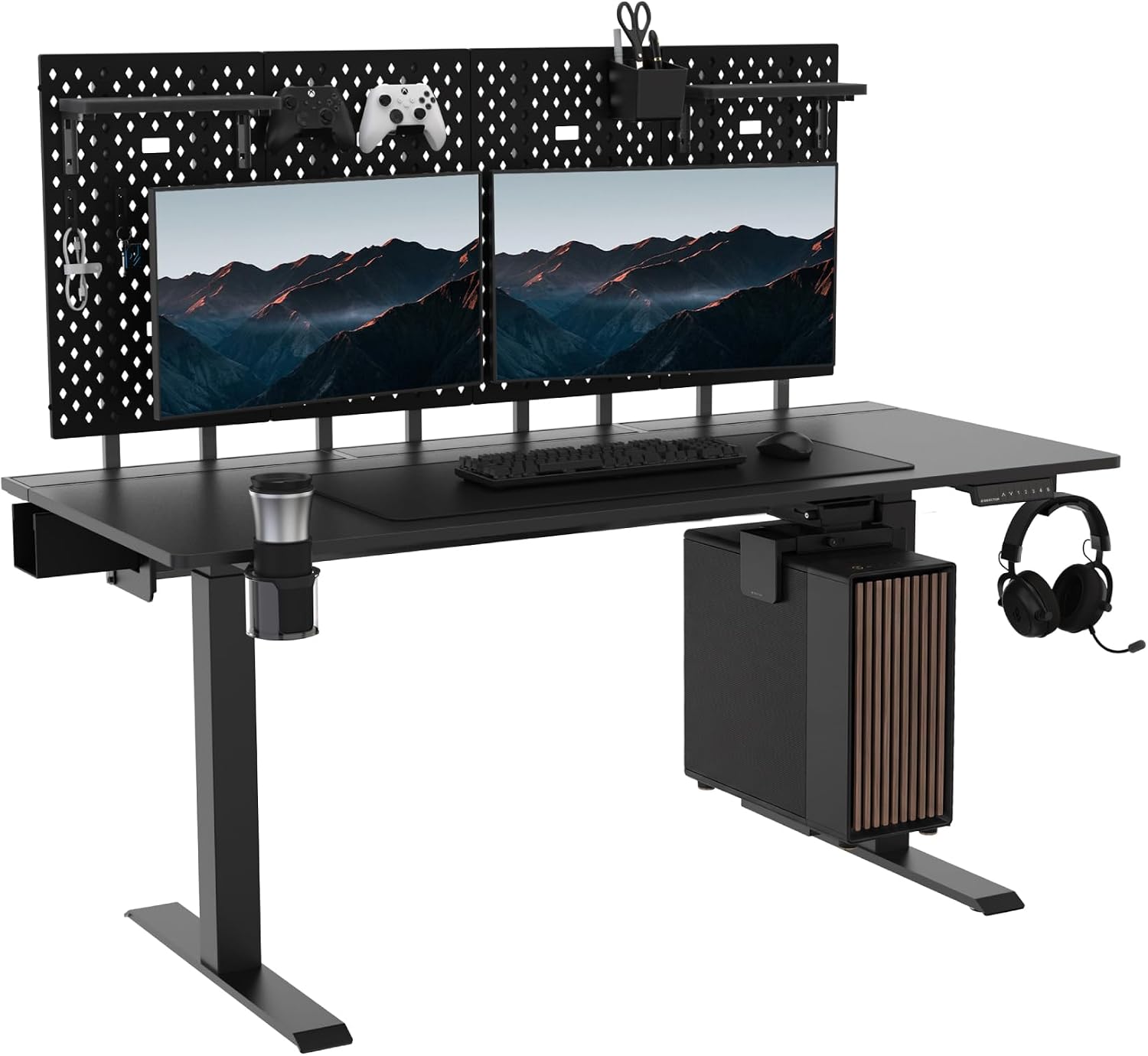 Dezctop Bifrost Pro 63 in Electric Standing Desk with Pegboard, Black | Hidden cable management, dual motor lift, 265 lb capacity, 4 memory presets, anti-collision, one-piece top,10-year warranty