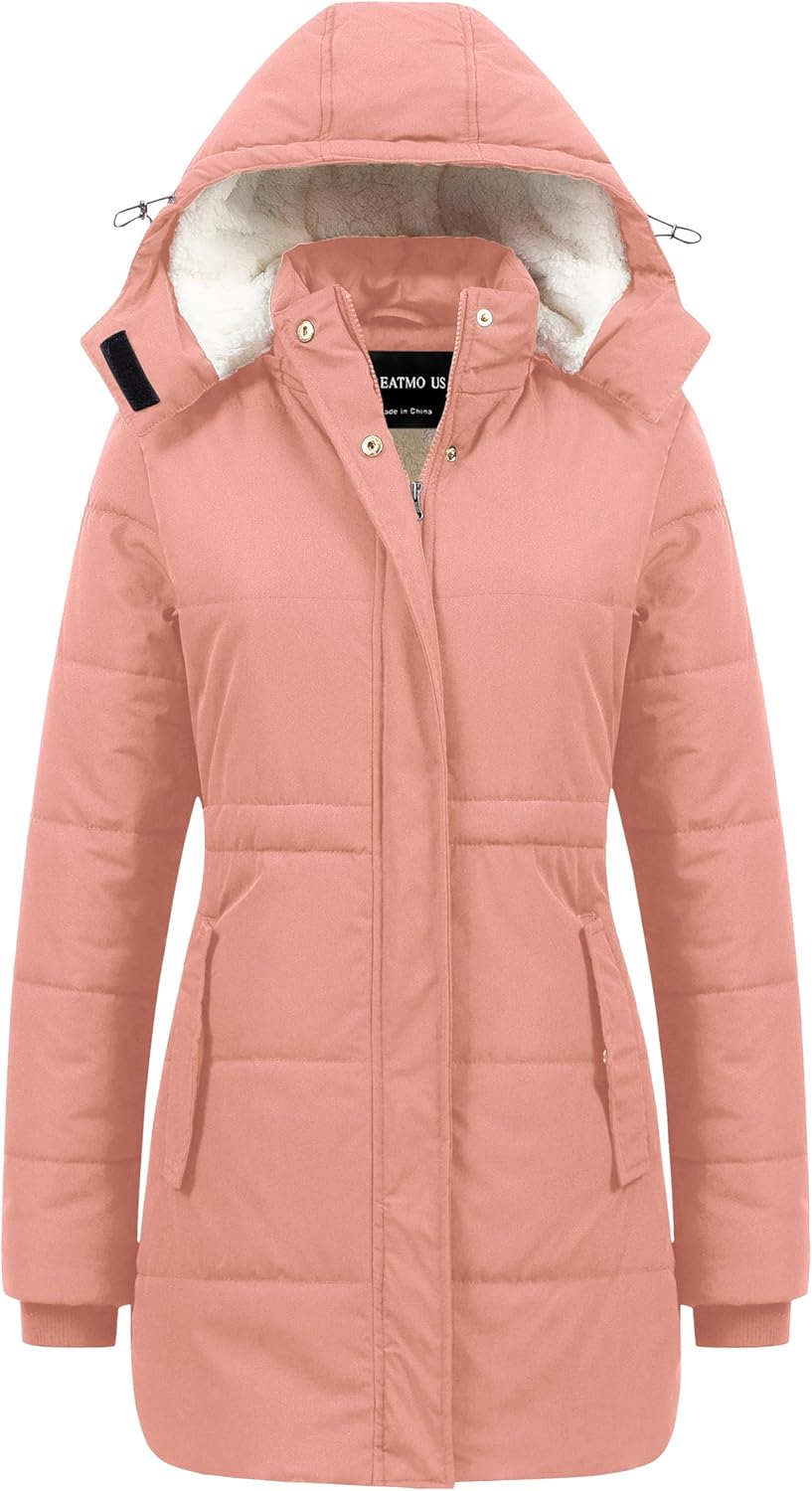 CREATMO US Women's Thicken Sherpa Winter Coat Puffy Warm Snow Jacket With Removable Hood