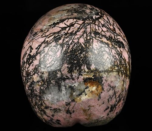 Miniatura 5 de 4.6" rosa y negro rodonita cráneo de cristal, escultura de arte fino tallado a mano de piedras preciosas.2782