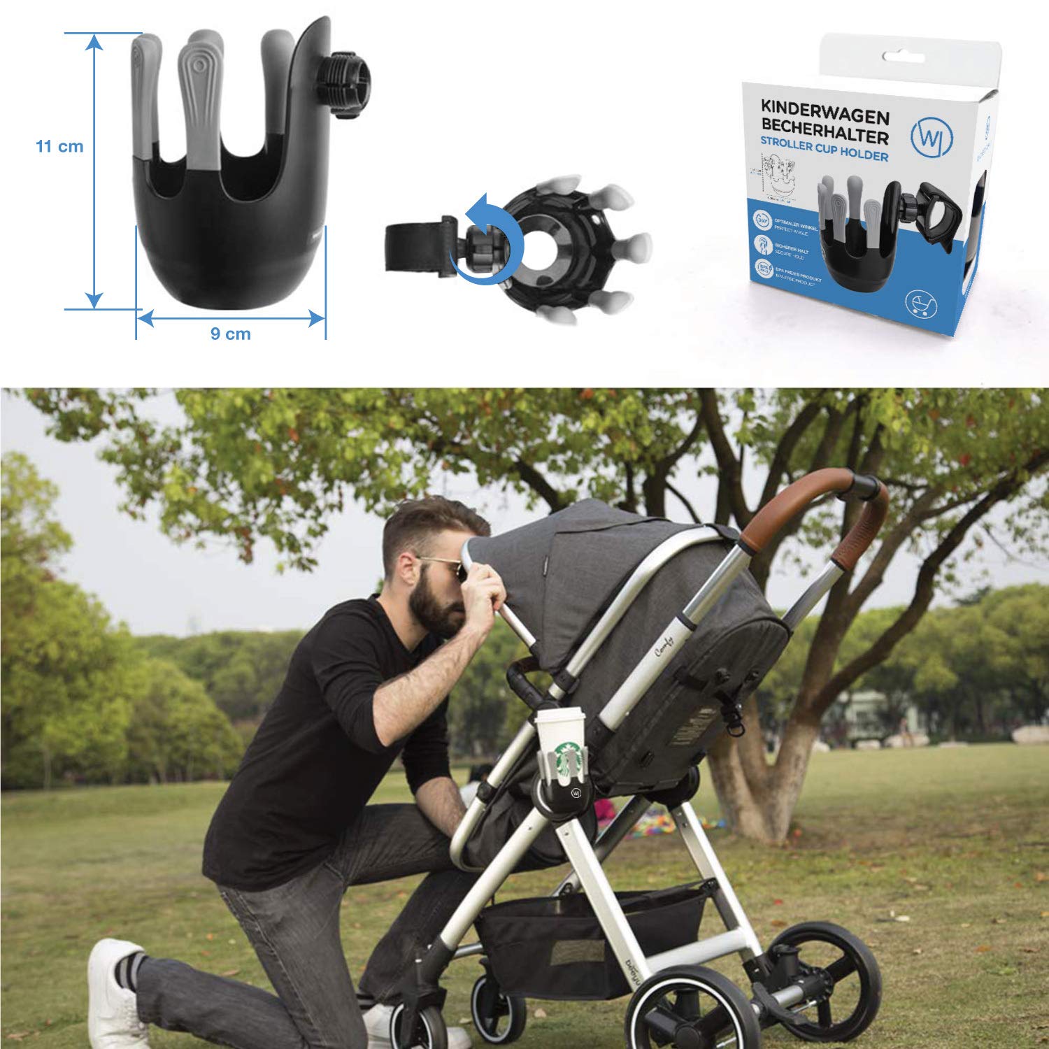 Wicked Chili Portabiberón para carrito de bebé, Portavasos para manillar de cochecito, soporte para vasos, botellas, latas con articulación de 360° y cinta de agarre